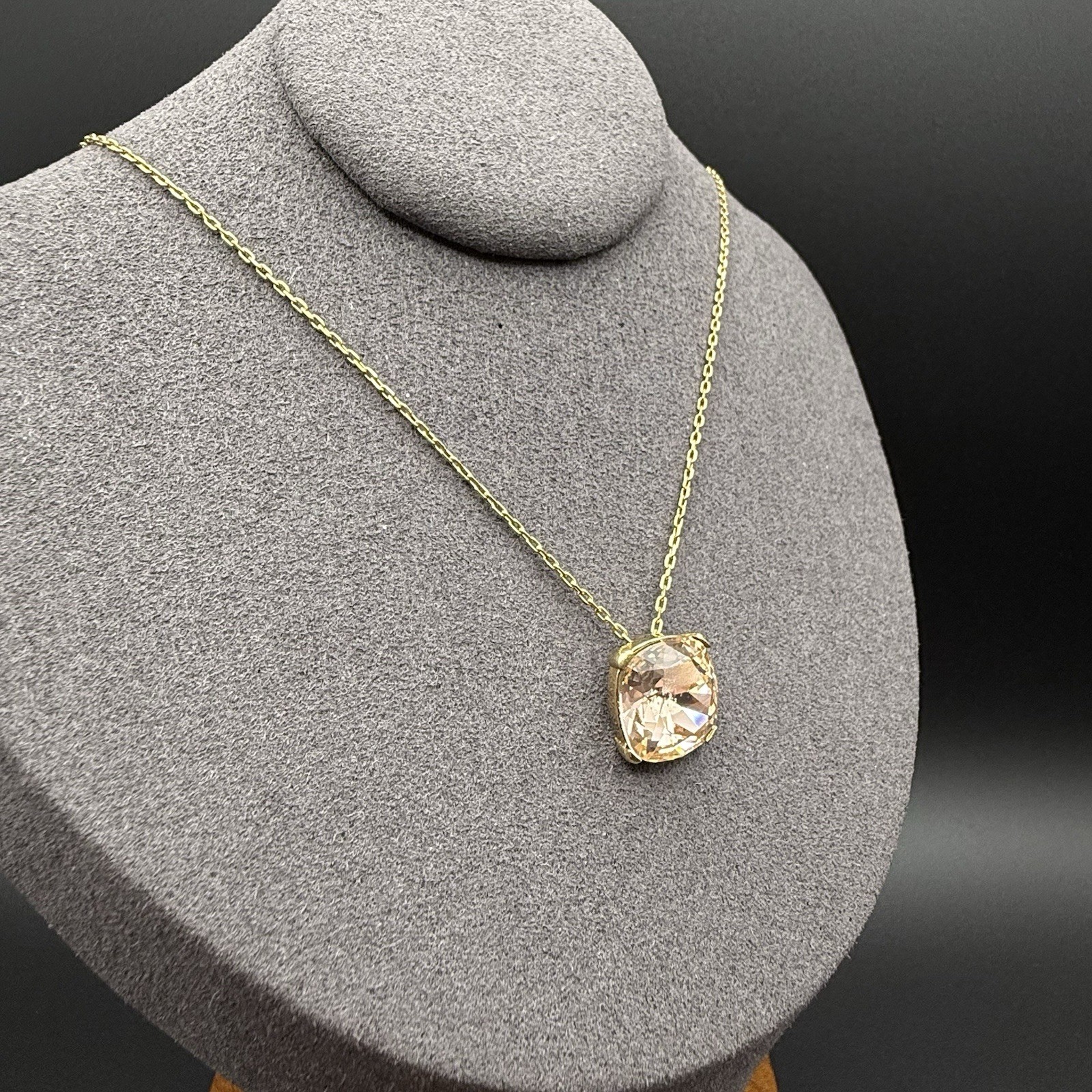 Gold Tone Blush Champagne Cushion Cut Crystal Pendant Necklace Modernist Sparkle