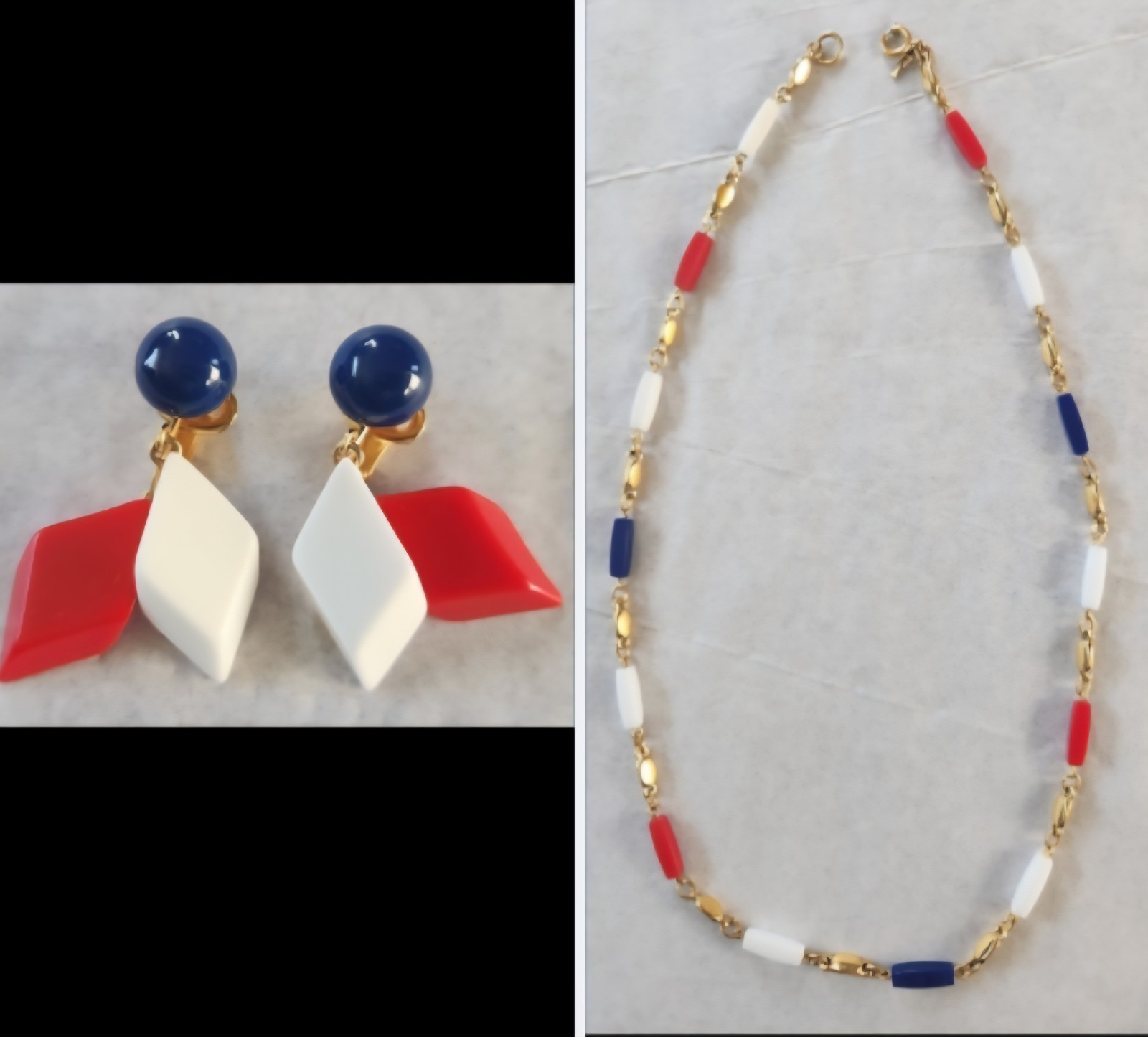 Trifari Necklace Clip On Earrings gold-tone Red, White & Blue Plastic Beads