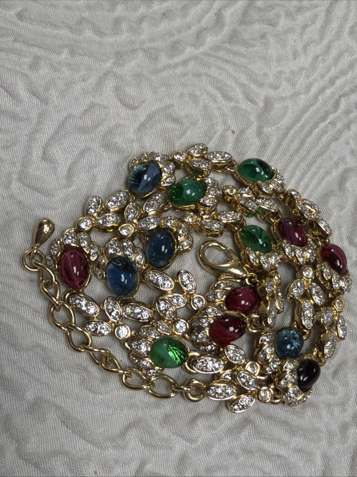 Vintage Red Blue Green Cabochon Marquise Cut Swarovski Crystal 16” Necklace