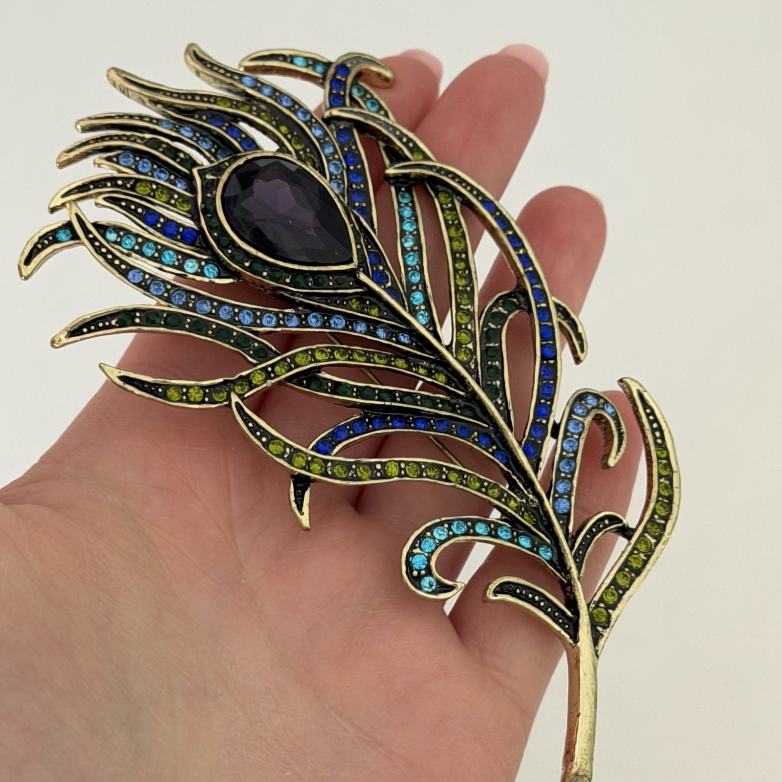 Heidi Daus Signed Vintage Big Peacock Feather Rhinestone Brooch Pin Purple Blue