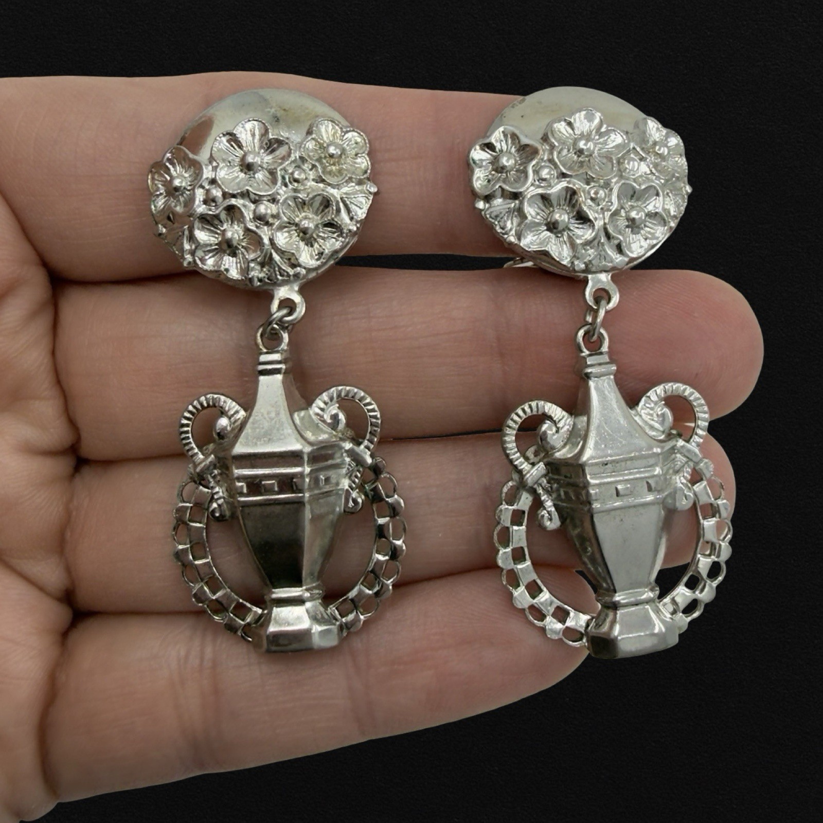 Vintage 🖤 EGYPTIAN REVIVAL 🖤 Silver Floral URN GREEK GODDESS Dangle Earrings