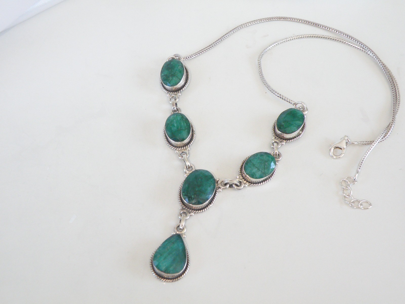 Vintage Sterling Silver 925 Large Natural Raw Emerald Statement Necklace 19″