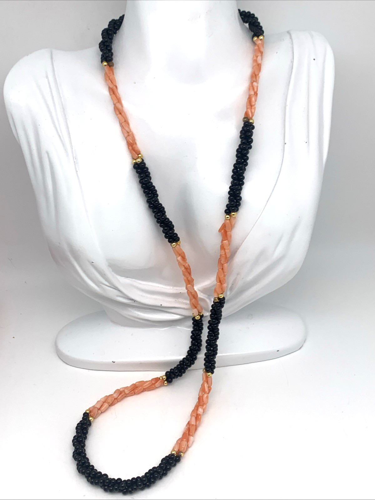 Vintage Twisted 3 Strand Coral & Onyx Beaded 30″ Necklace