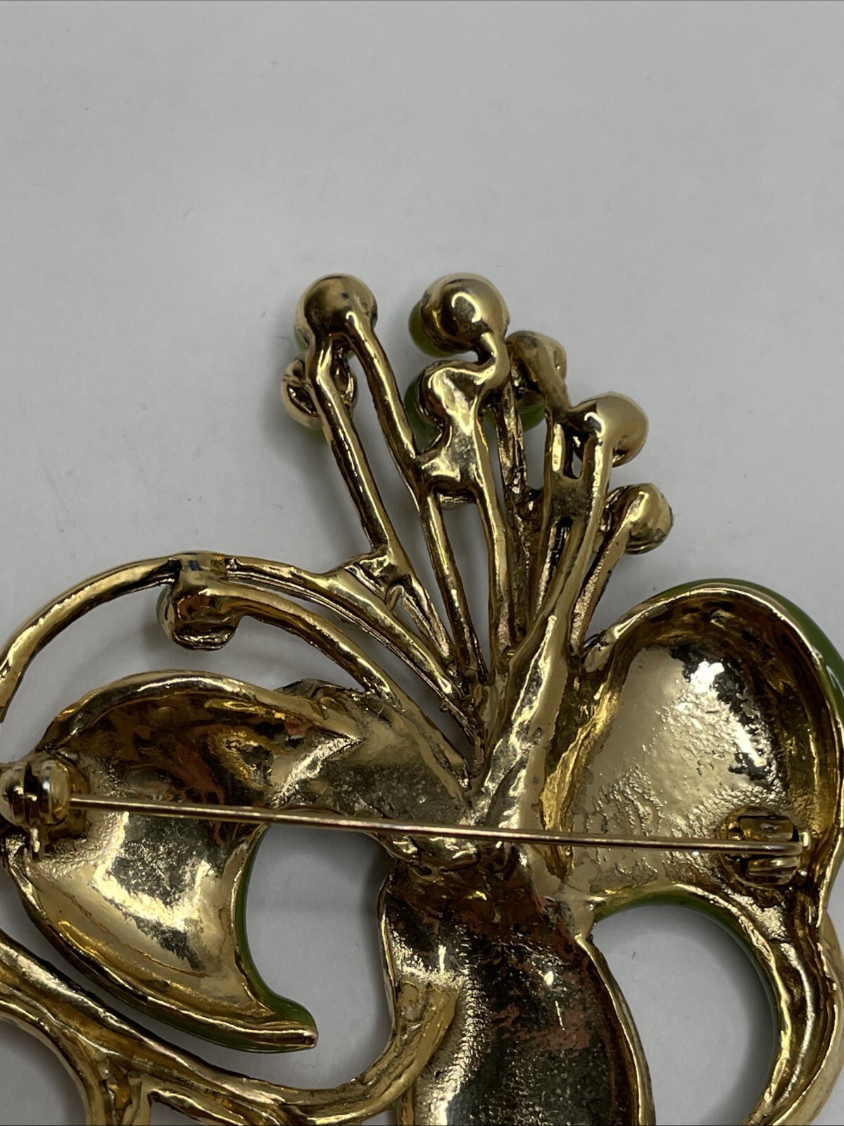 Vintage Green Enamel Floral Brooch Pin with Green Rhinestones and Cabochons RARE