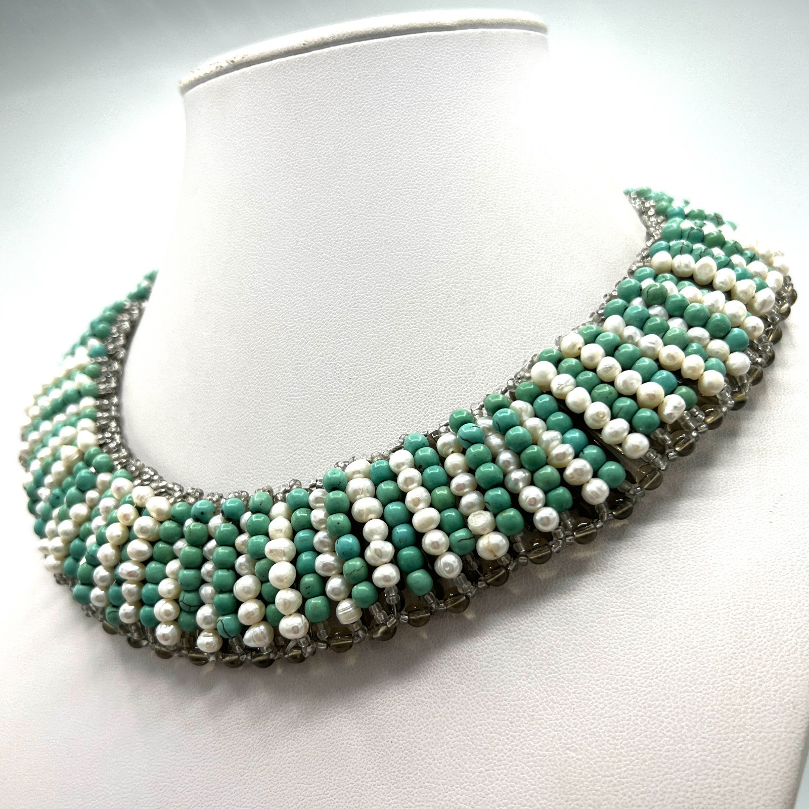 Vintage Turquoise & Freshwater Pearl Collar Necklace Sterling Silver 925 Clasp