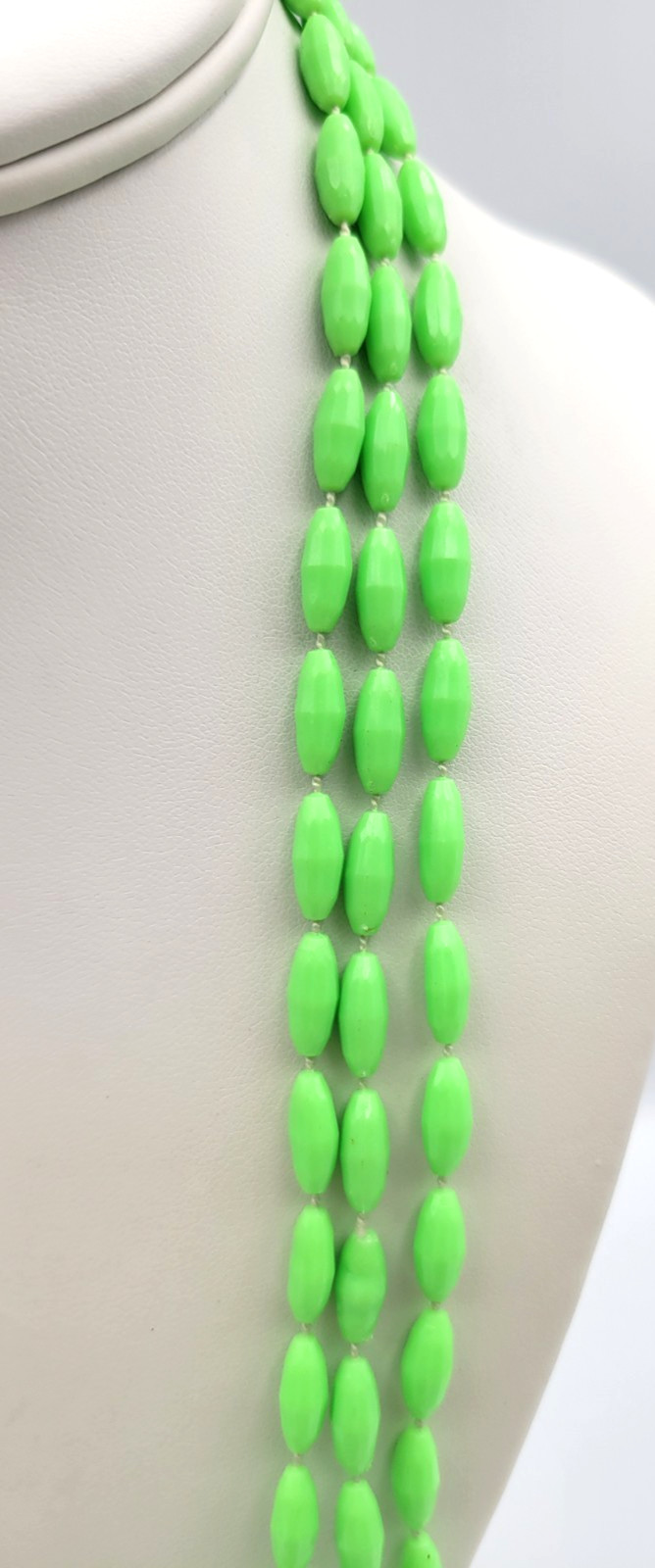 Vintage Lime Green 3 Strand Plastic Bead Necklace Hong Kong Long 50″