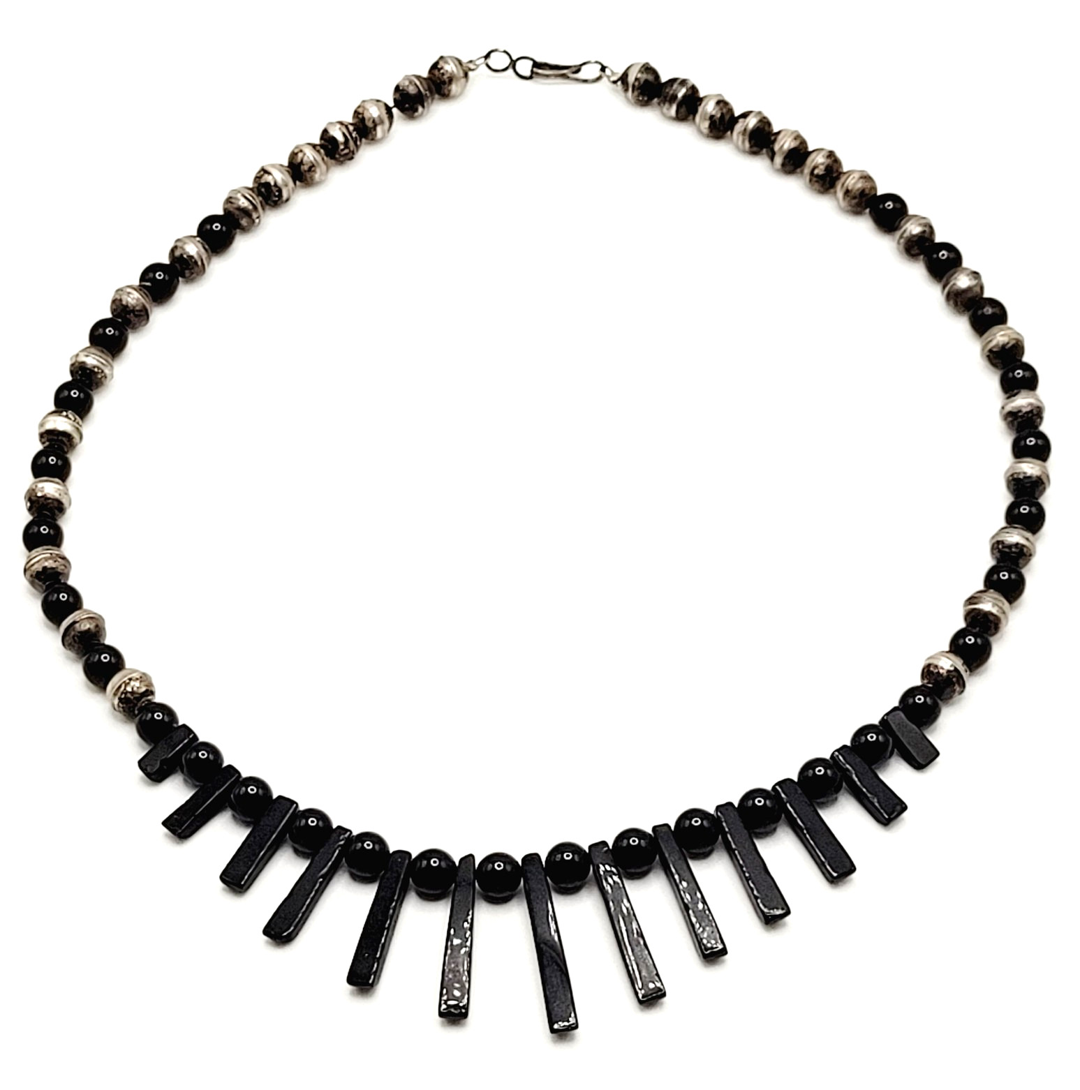 Southwestern Artisan Black Onyx Silver Tone Bead Bib Fringe Vtg Necklace 18 Inch