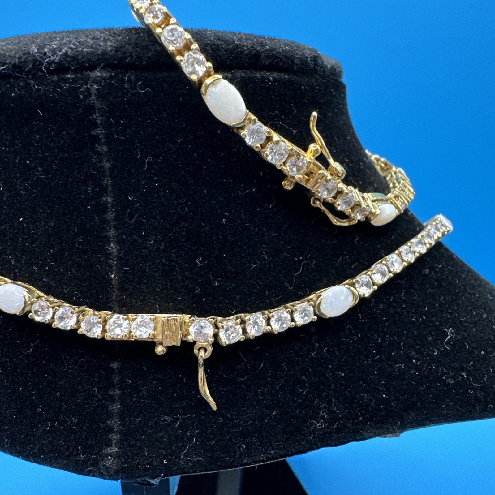 DBJ 925 Sterling Silver Gold Vermeil Clear CZ Opal Tenis Necklace & Bracelet Set