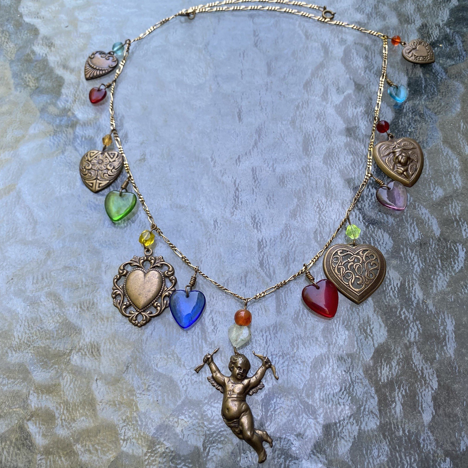 Vintage Glass Works Studio Charm Necklace GWS Cupid Heart Angel Costume Jewelry