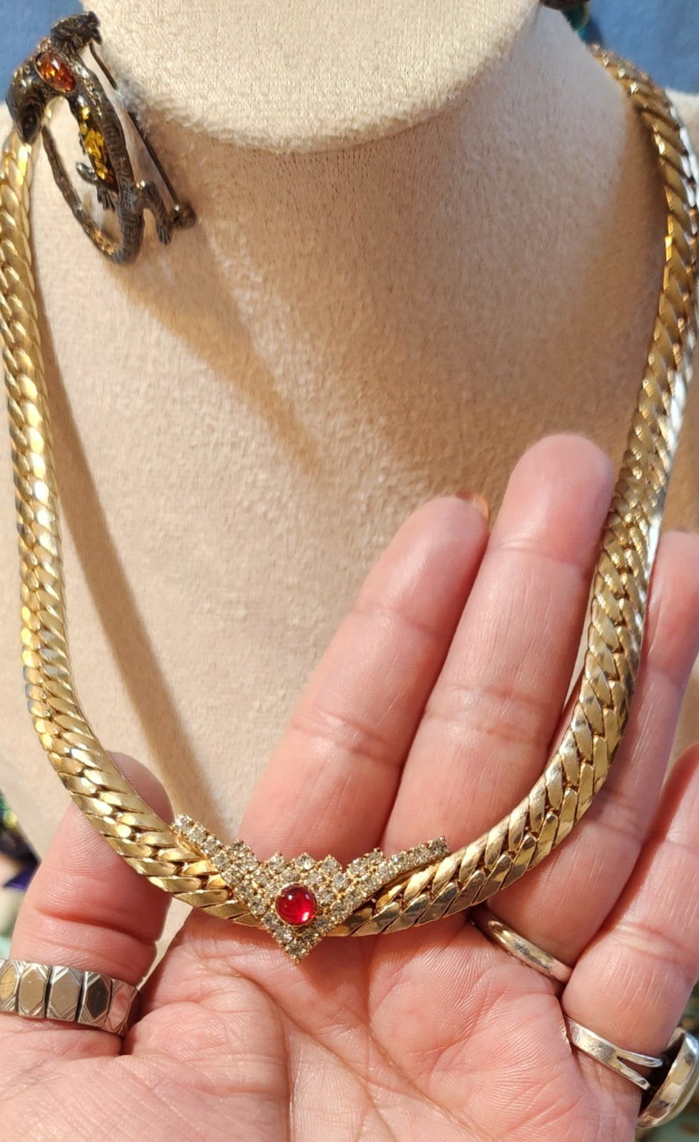 Flat Gold-toned Necklace V Shape Rhinestones Station Pendant & A Red Dot Glass