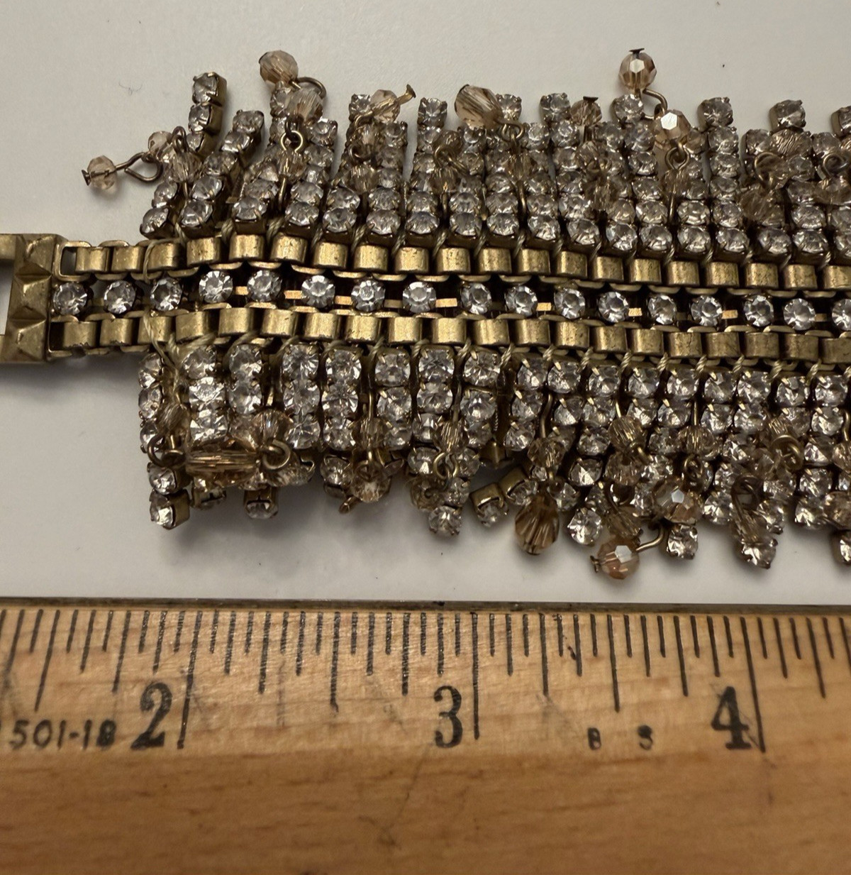 Vintage S&D Rhinestone Statement Bracelet Bronze Tone Multi Row Clear Stones