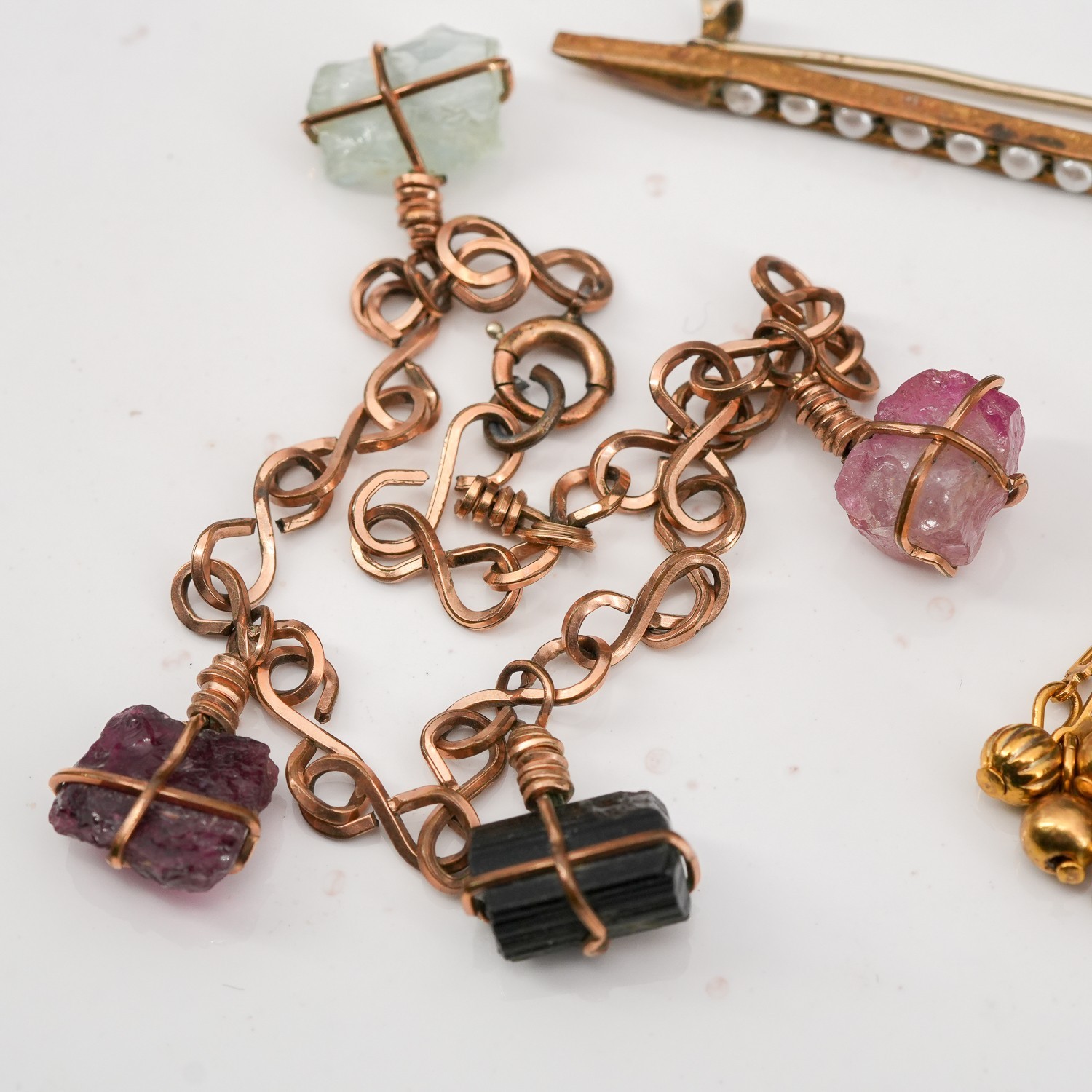 Vintage Raw Gemstone Charm Bracelet Lot | Pearl Bar Brooch & Brass Ball Pendant
