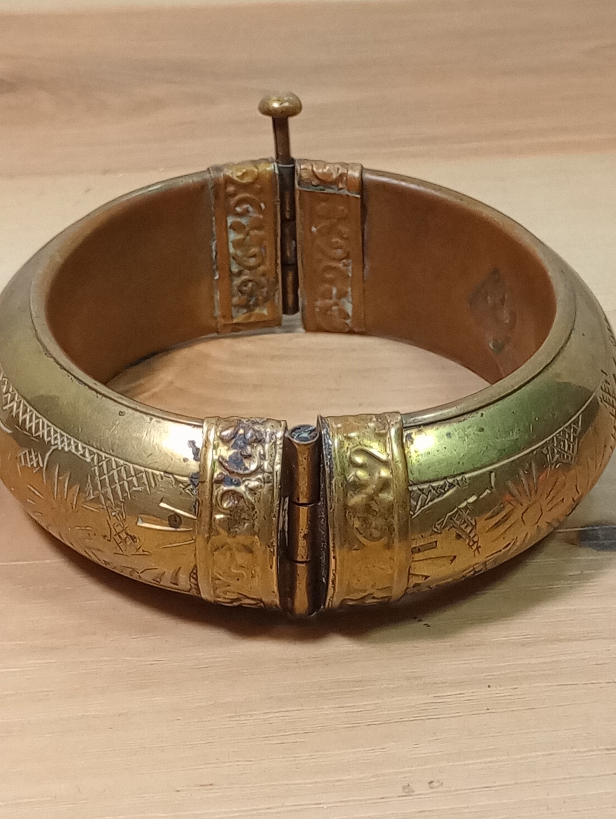 Vintage hinged brass bangle bracelet with etchings/ pin closure Morocco Or India