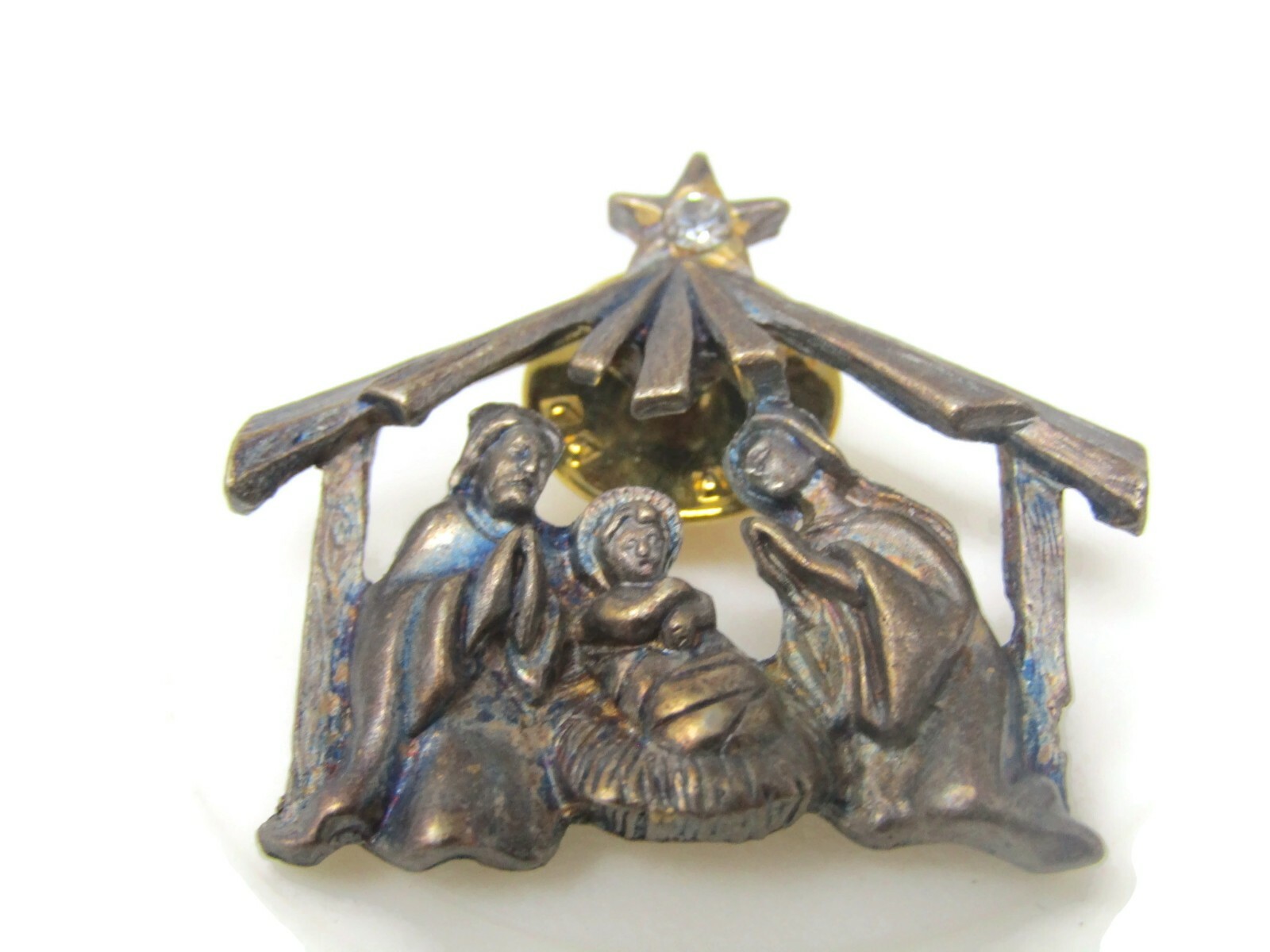 Vintage Nativity Scene Pin Brooch Christmas Jesus Mary Joseph Pewter Tone Star