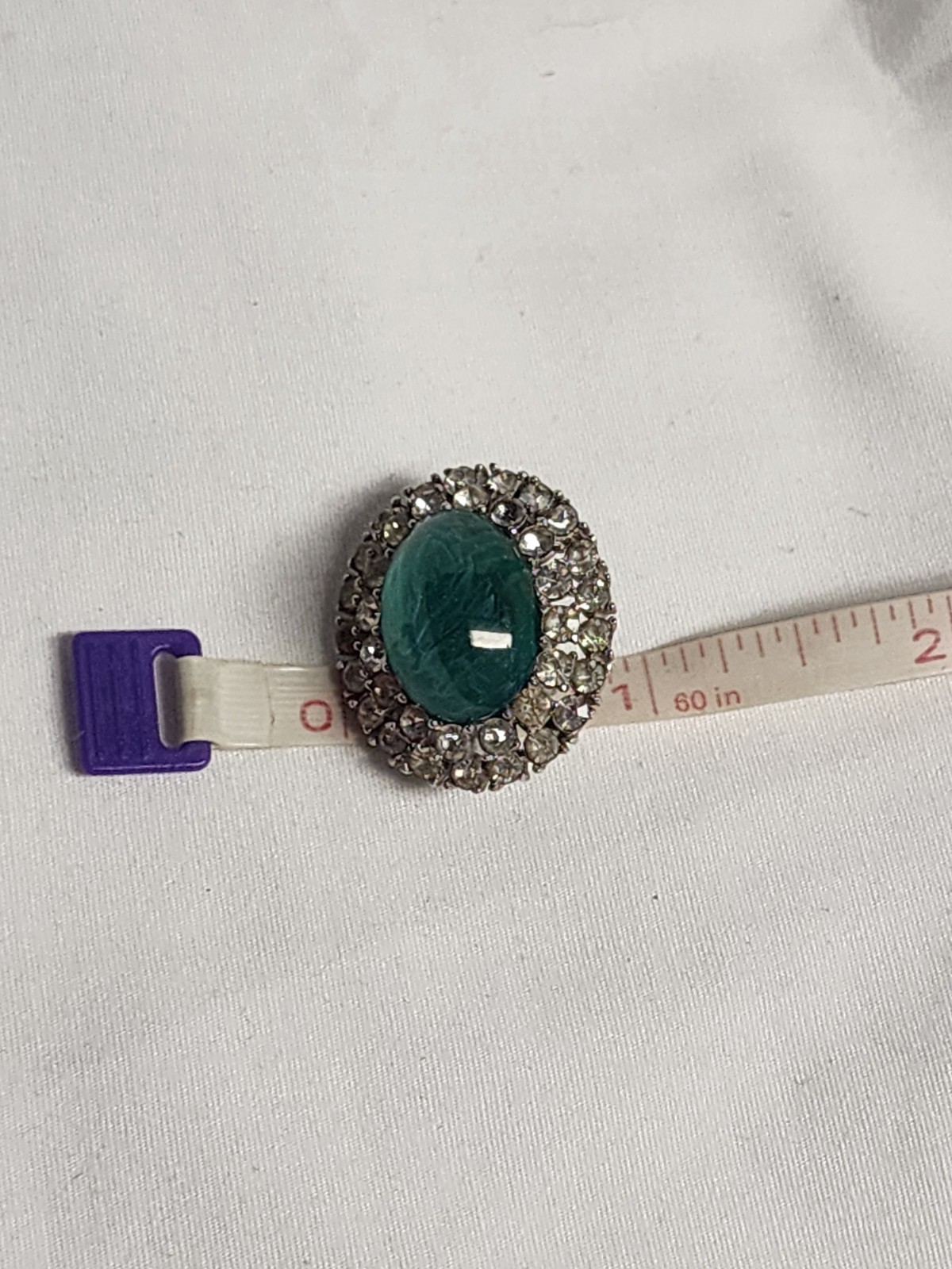 vtg Trifari SilverTone Rhinestones& Green faux emerald Cabochon ClipOn earrings