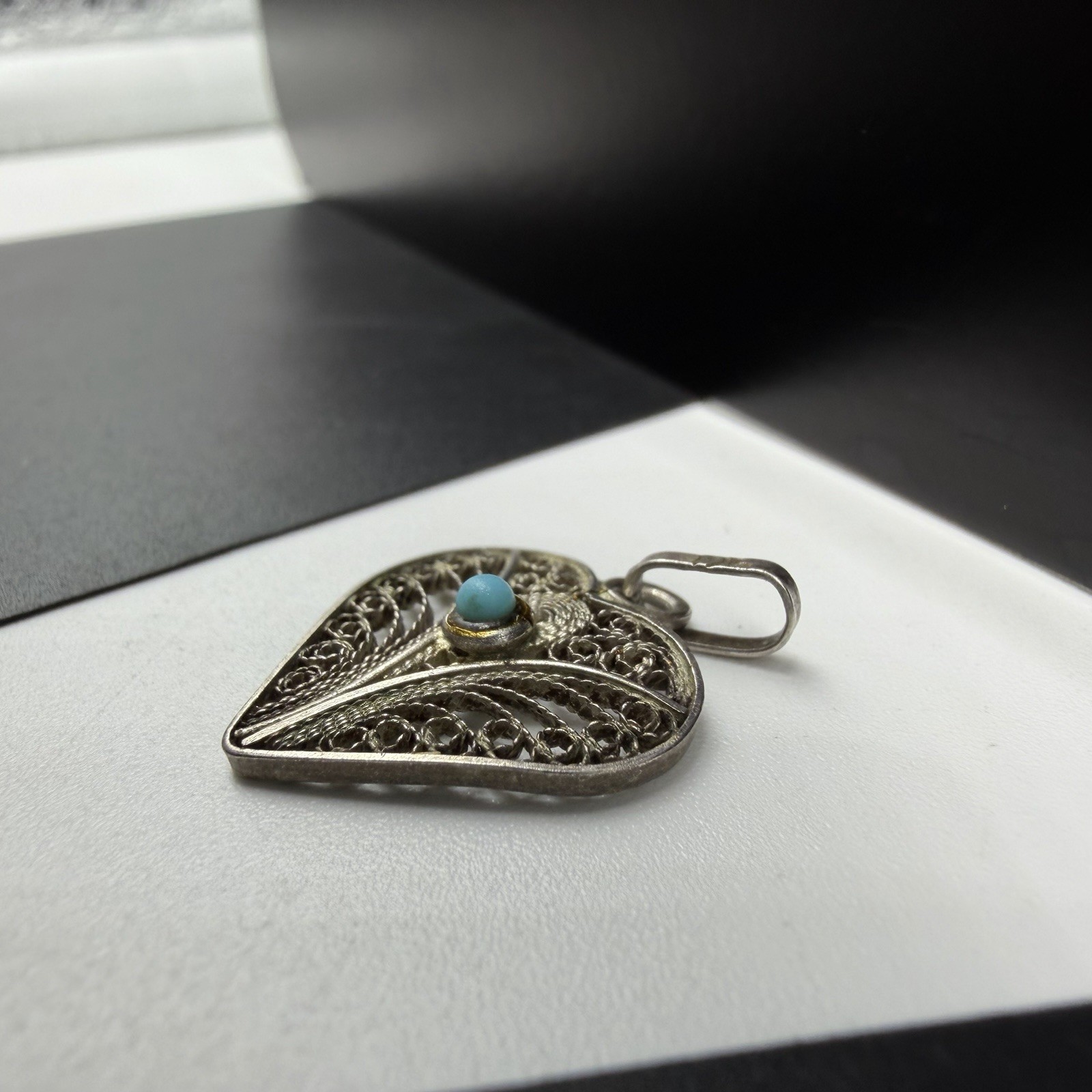Sterling Silver 925 Vintage Filigree Turquoise Stone Heart 17.5mm Pendant 1.1g