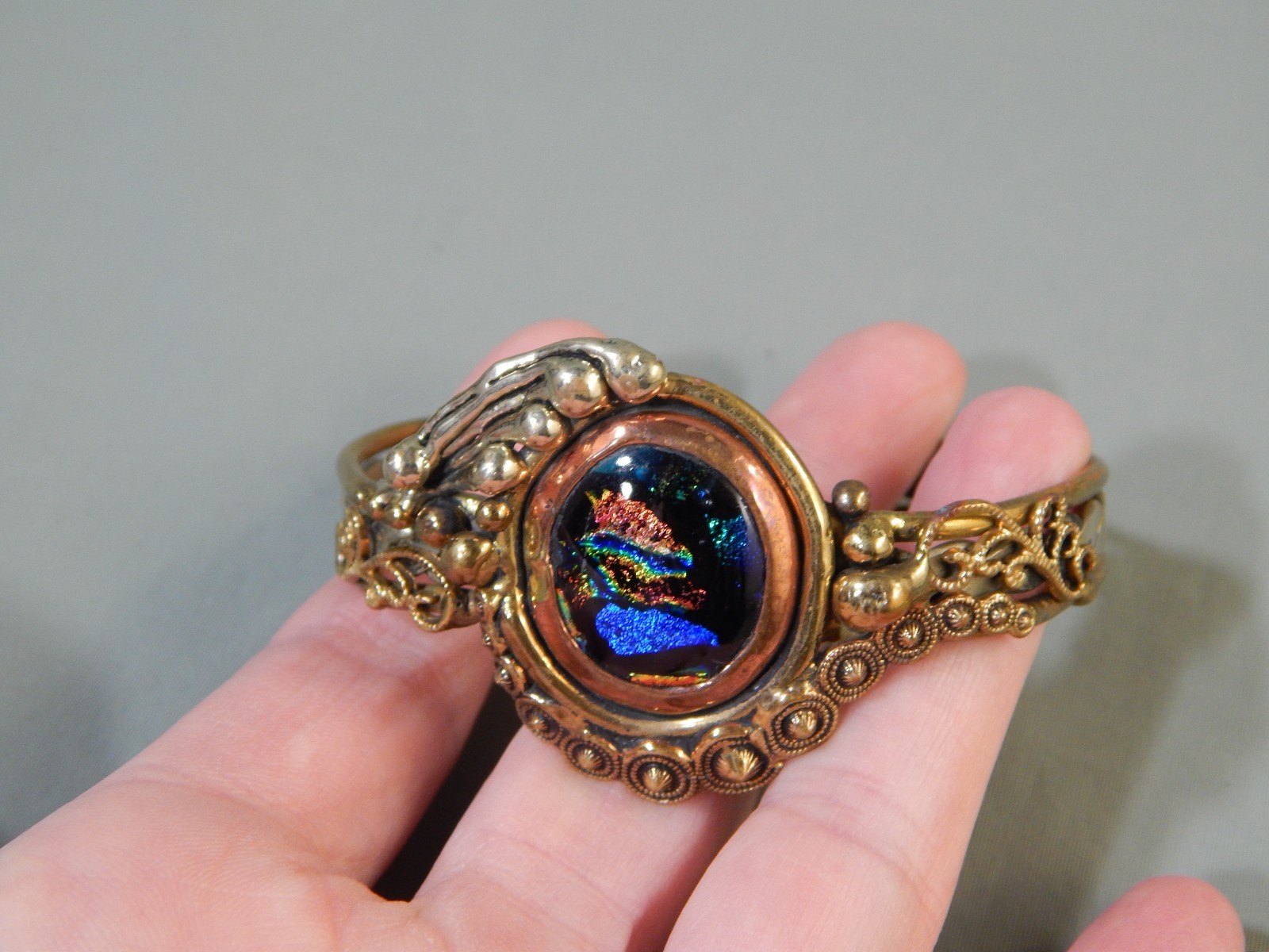 Vintage Handmade Brass Silver Copper Dichroic Glass Brutalist Modernist Bracelet