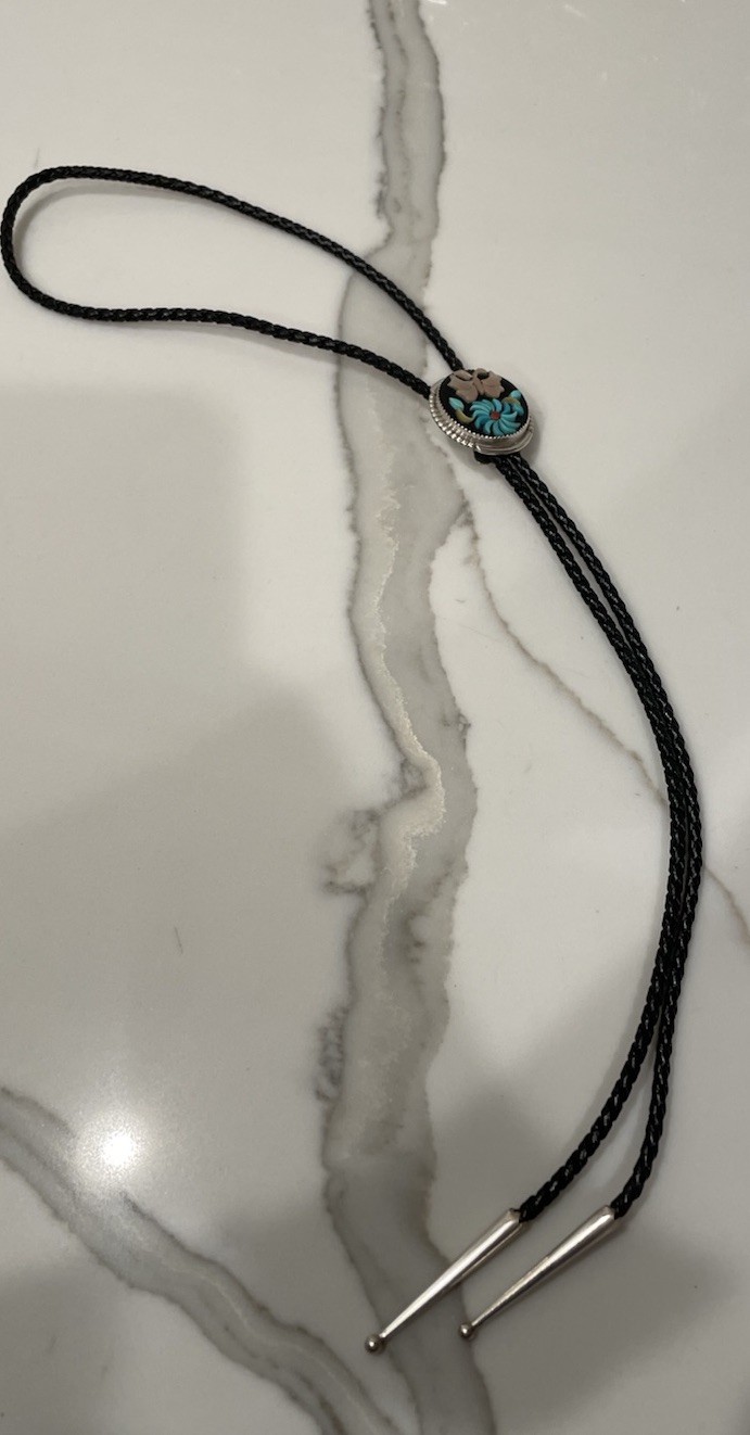 Vintage Zuni Sterling Silver Natural Multi-Stone Floral Inlay Bolo Tie 18”