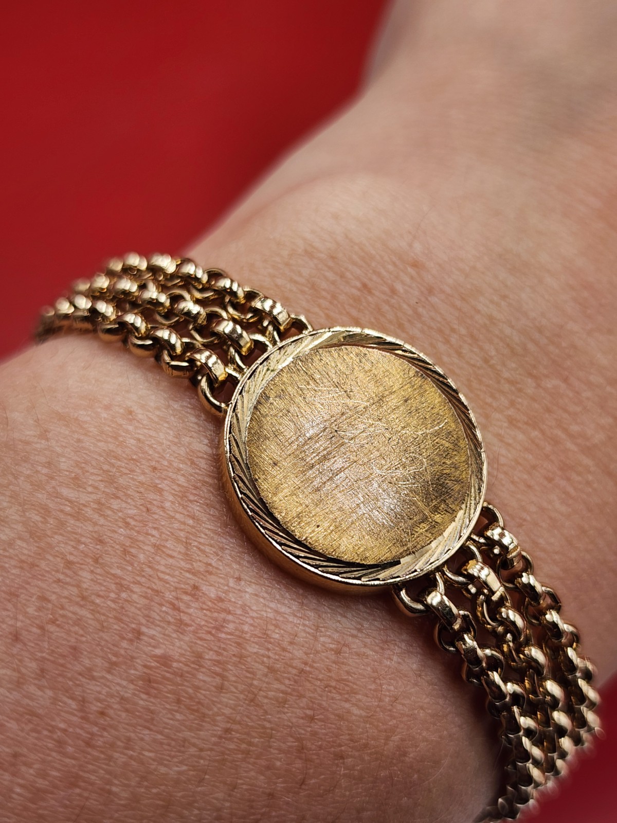 Vintage Speidel 1970s Engrave ID- style Plate Triple Band Gold Metal Bracelet