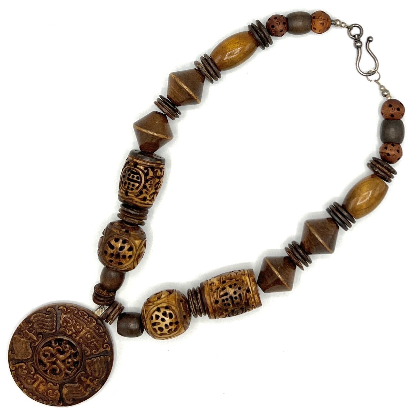 Chunky Vtg Artisan Carved Wood Bead Necklace-Asian Style Ceramic Medal Pendant