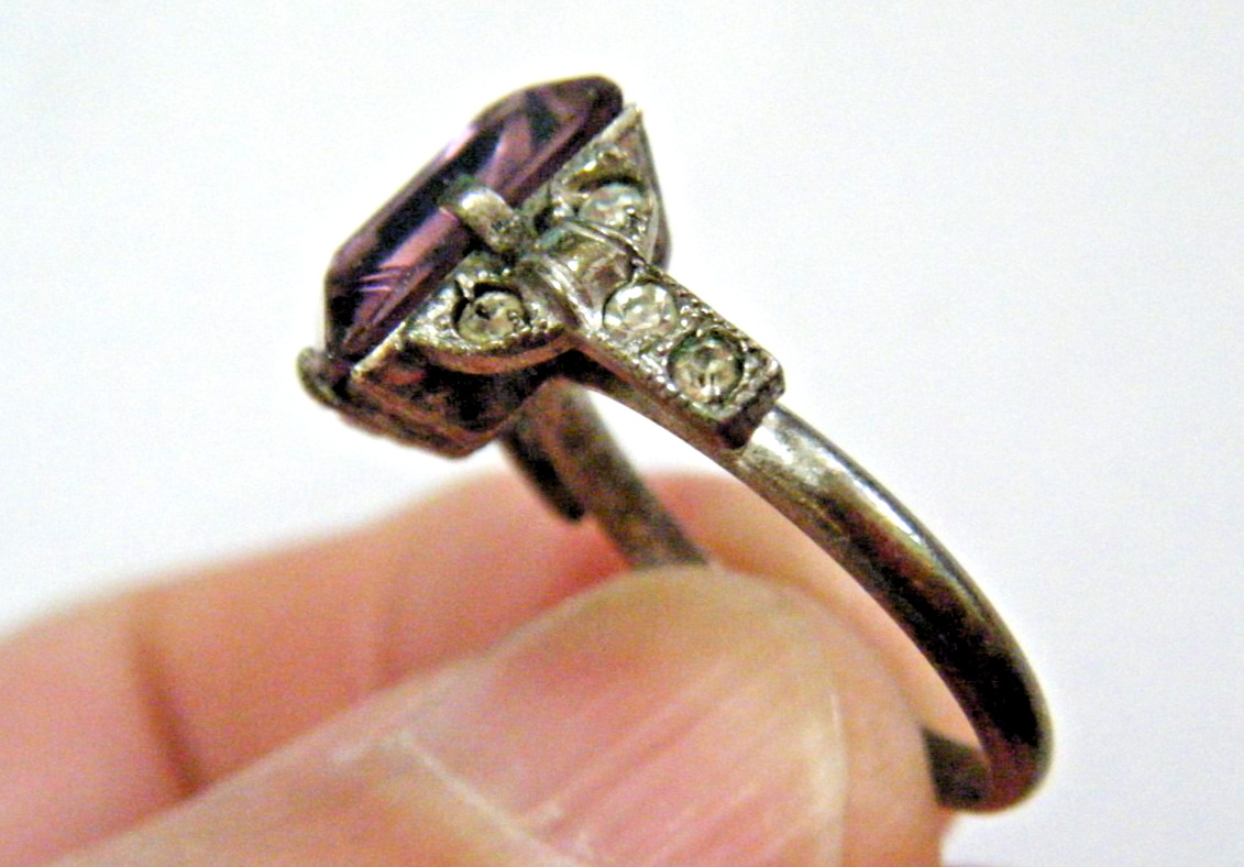 Vintage 30s Cushion Cut Amethyst Crystal Carl Art Deco Sterling Silver Ring sz 5