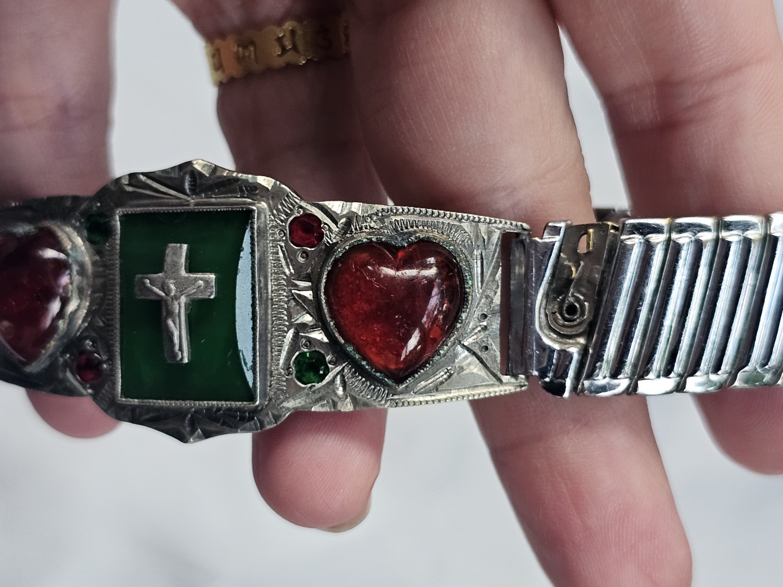 Vintage Silvertone Expanding Bracelet German Silver Sweet Heart Red Glass Cross