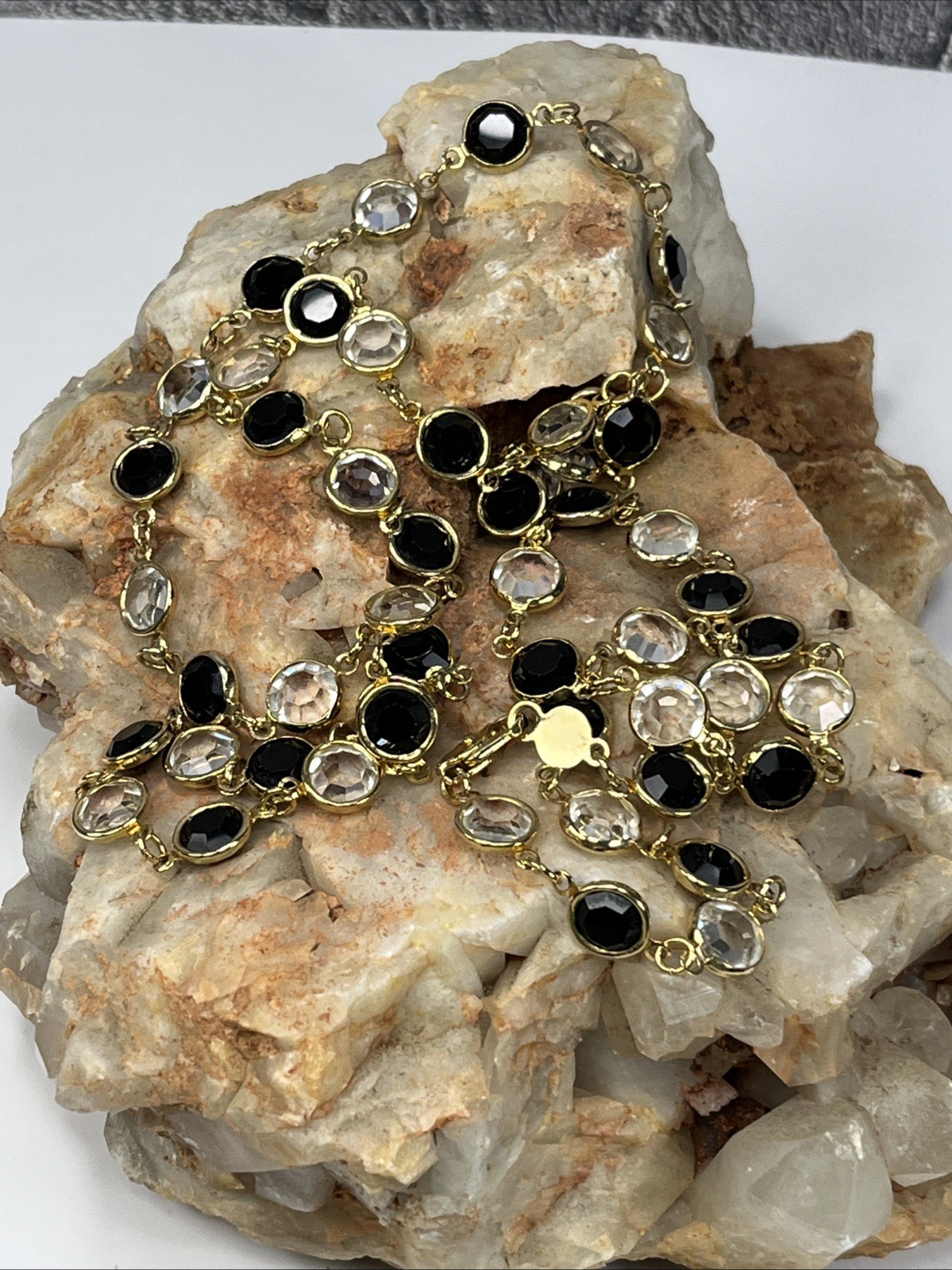 VTG Signed Austrian Crystal USA Open Bezel Black & Clear Crystal Necklace 35″