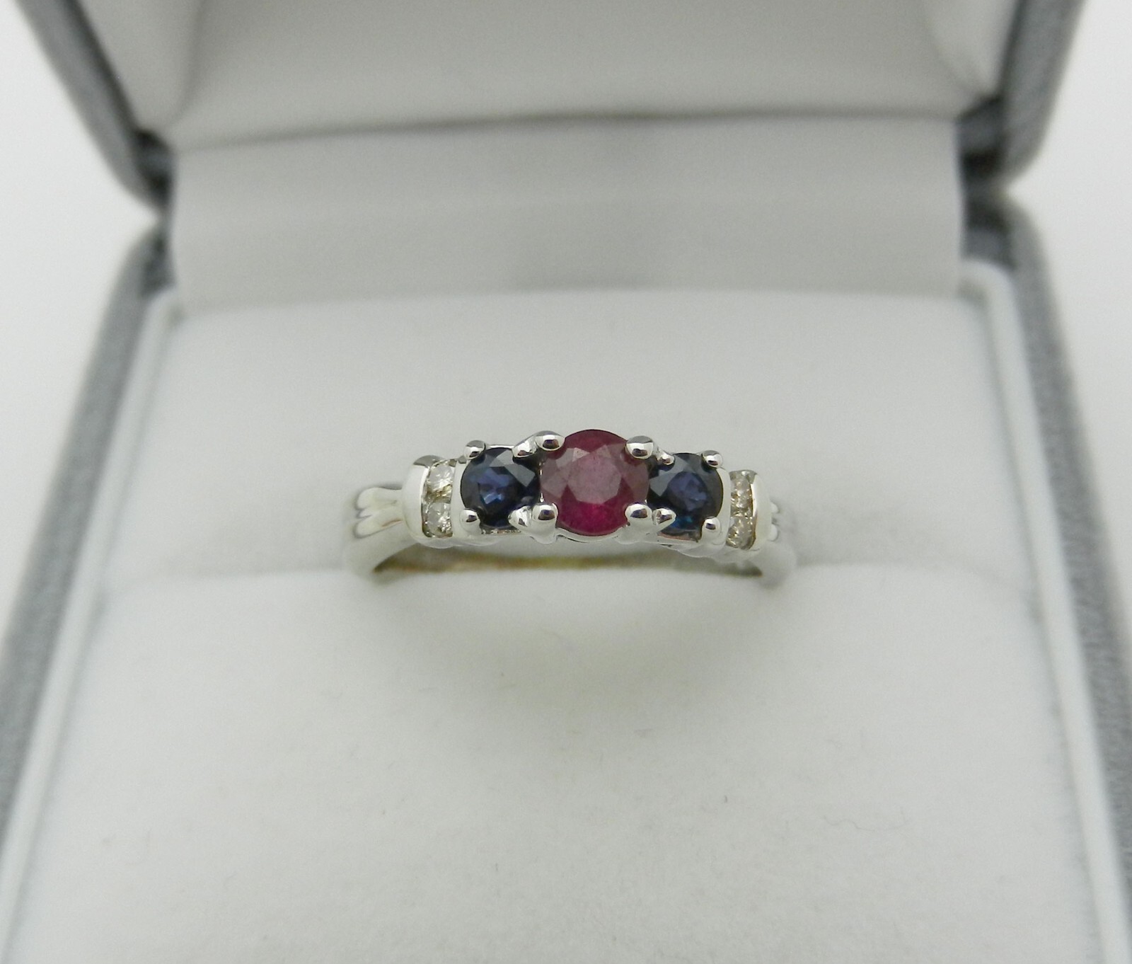3-Stone Ruby, Sapphire Ring Band with Diamond Accents, Solid 14k Gold, size 6.25