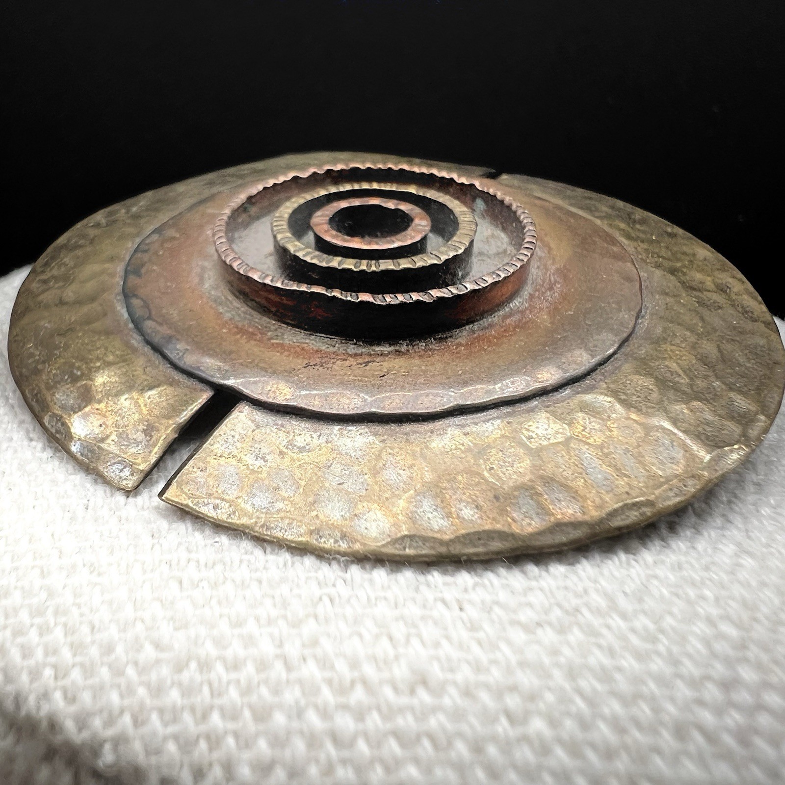 Vintage Modernist Brutalist Brooch Hammered Mixed Metal Disc Abstract Statement