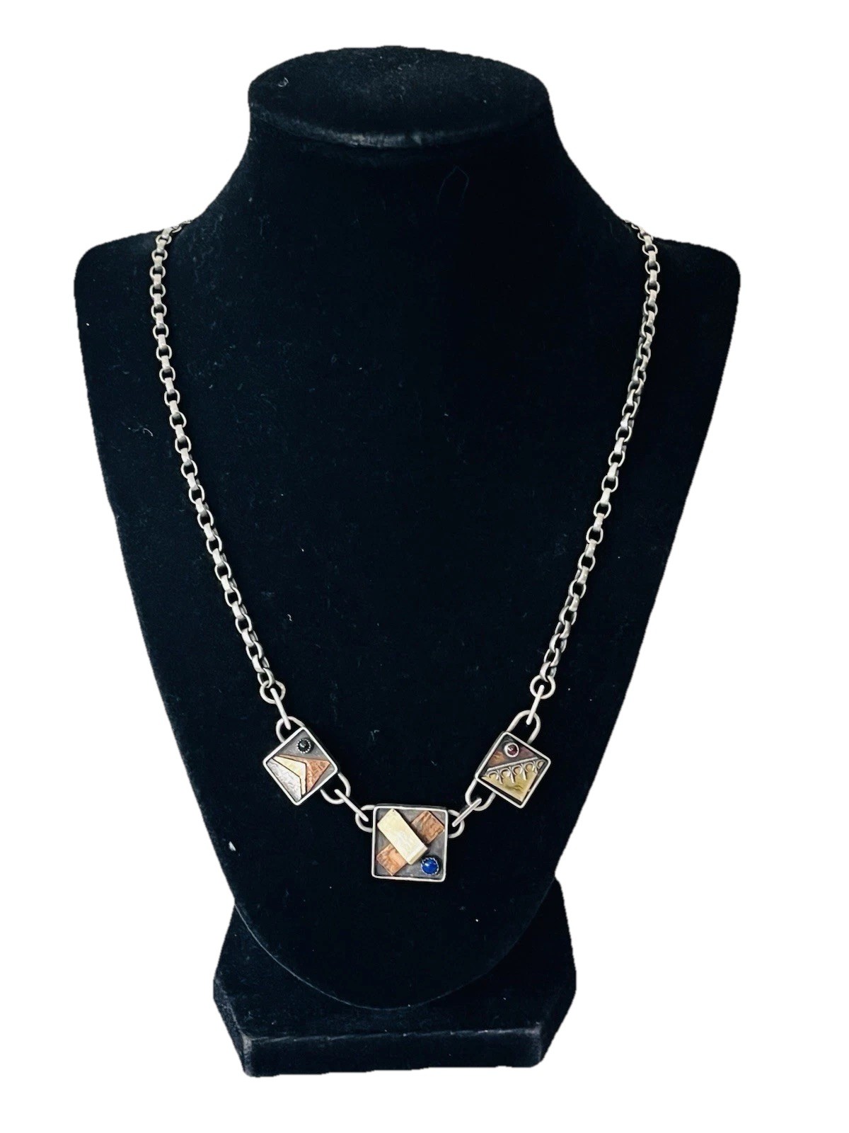 Vintage Signed Modernist Mixed Metal Sterling Silver Stone Link Necklace 32Grams