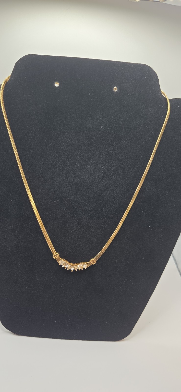 gold plated Herringbone Snake Chain with clear gems Necklace 16 in