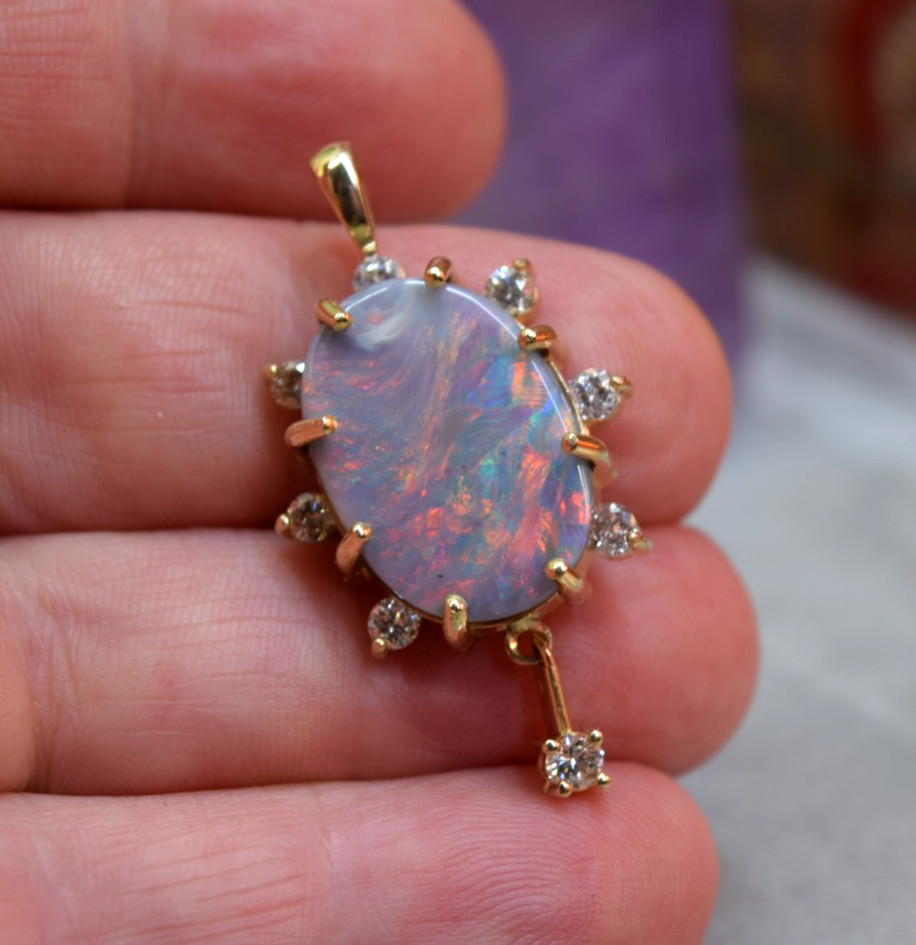 Estate Antique 14K Gold Large 10ct Black Opal Diamond Necklace Pendant