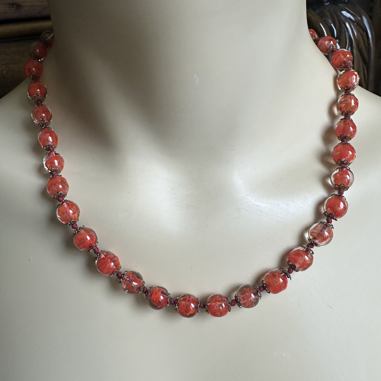 Vintage Beaded Necklace 17.5 in Venetian Murano Art Glass Cased Red Orange Gold