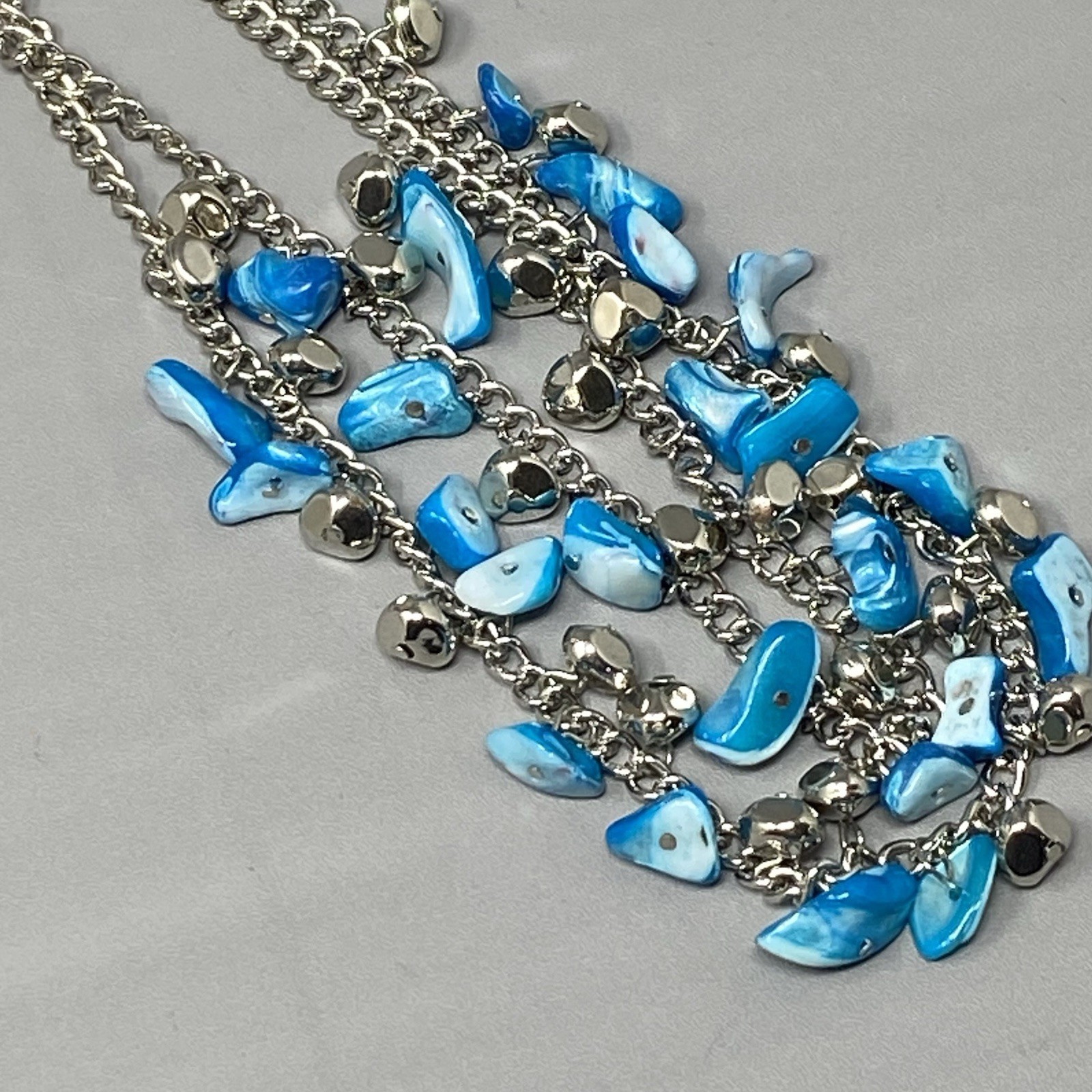 Mother of Pearl Necklace Blue Dyed Fringe Nuggets Silver Tone Layered Shell 16″