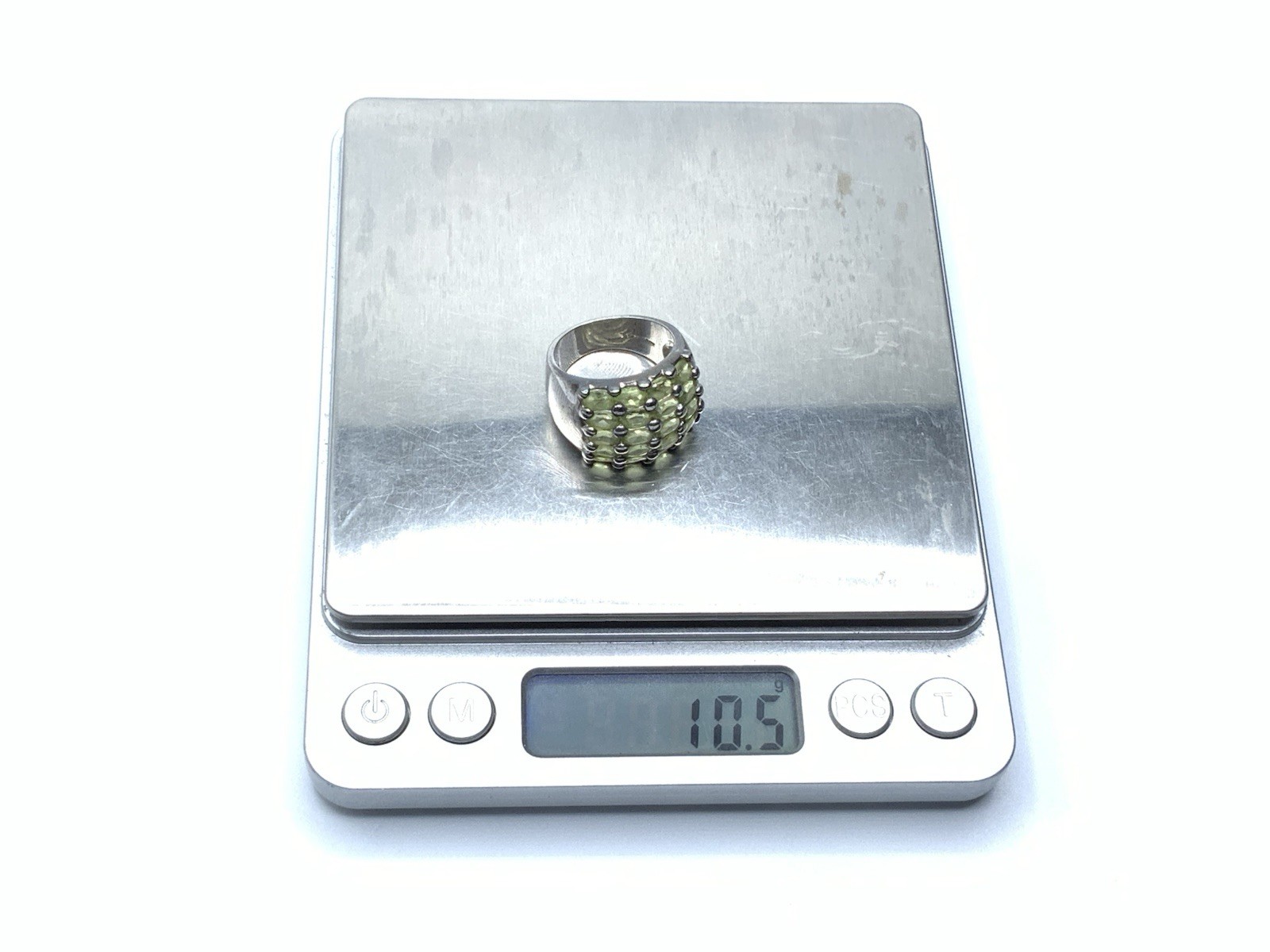 DBJ 925 Sterling Silver Rhodium Peridot 5 Row Wide Cigar Band Ring ~ Sz. 8
