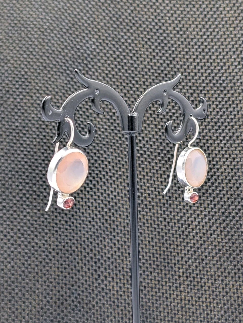 ISJ Vtg Sterling Silver Round Rose Quartz & Oval Garnet Hook Dangle 925 Earrings