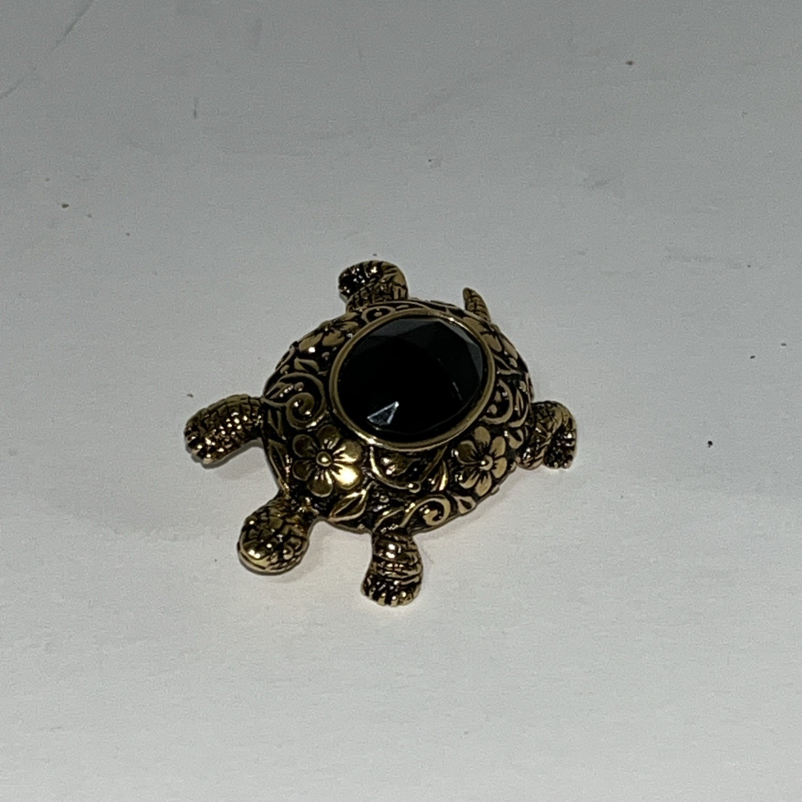 1928 Brand Brooch Turtle Tortoise Black Faceted Acrylic Shell Gold Flower Motif