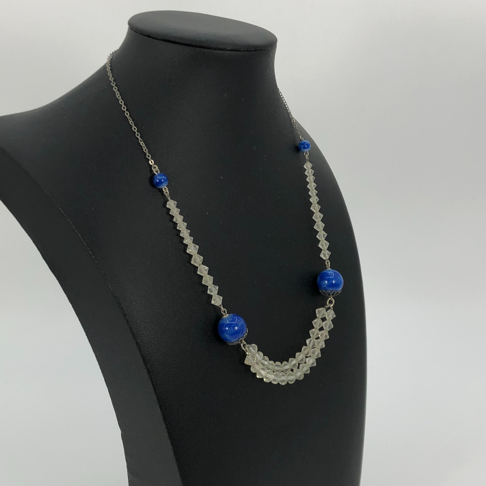Vintage Bicone Glass Beaded Necklace Art Deco Style Estate Find Blue & Clear