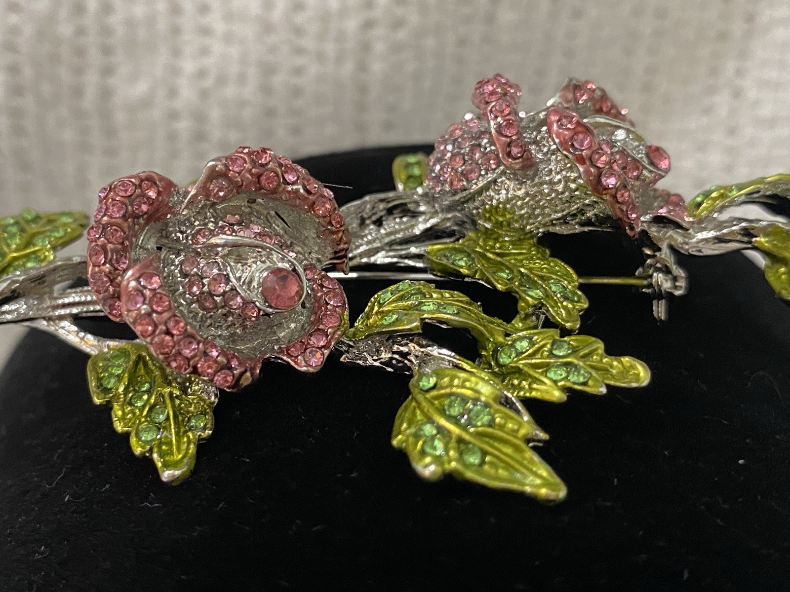 Stunning Large Vintage Pink And Green Sparkling Stones Flower Brooch