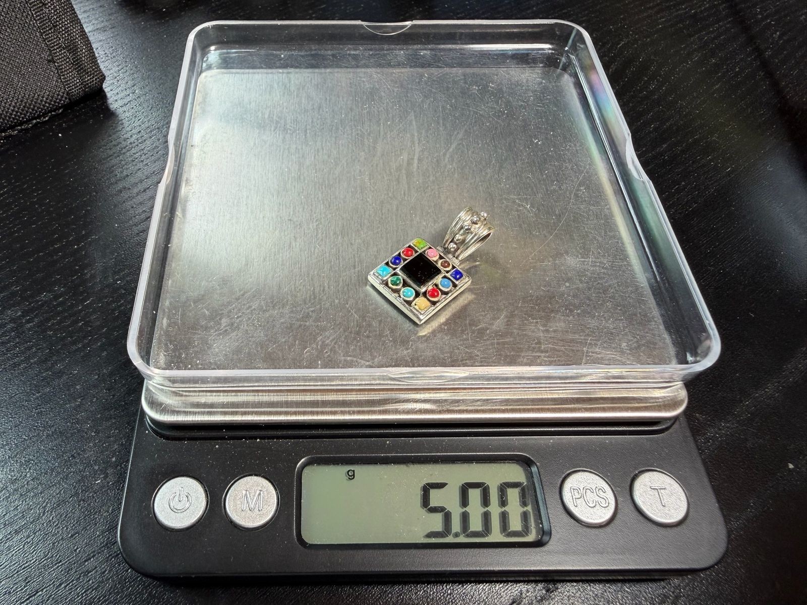 5.00g Vintage Sterling Silver 925 Multi Color Inlay Square Pendant M