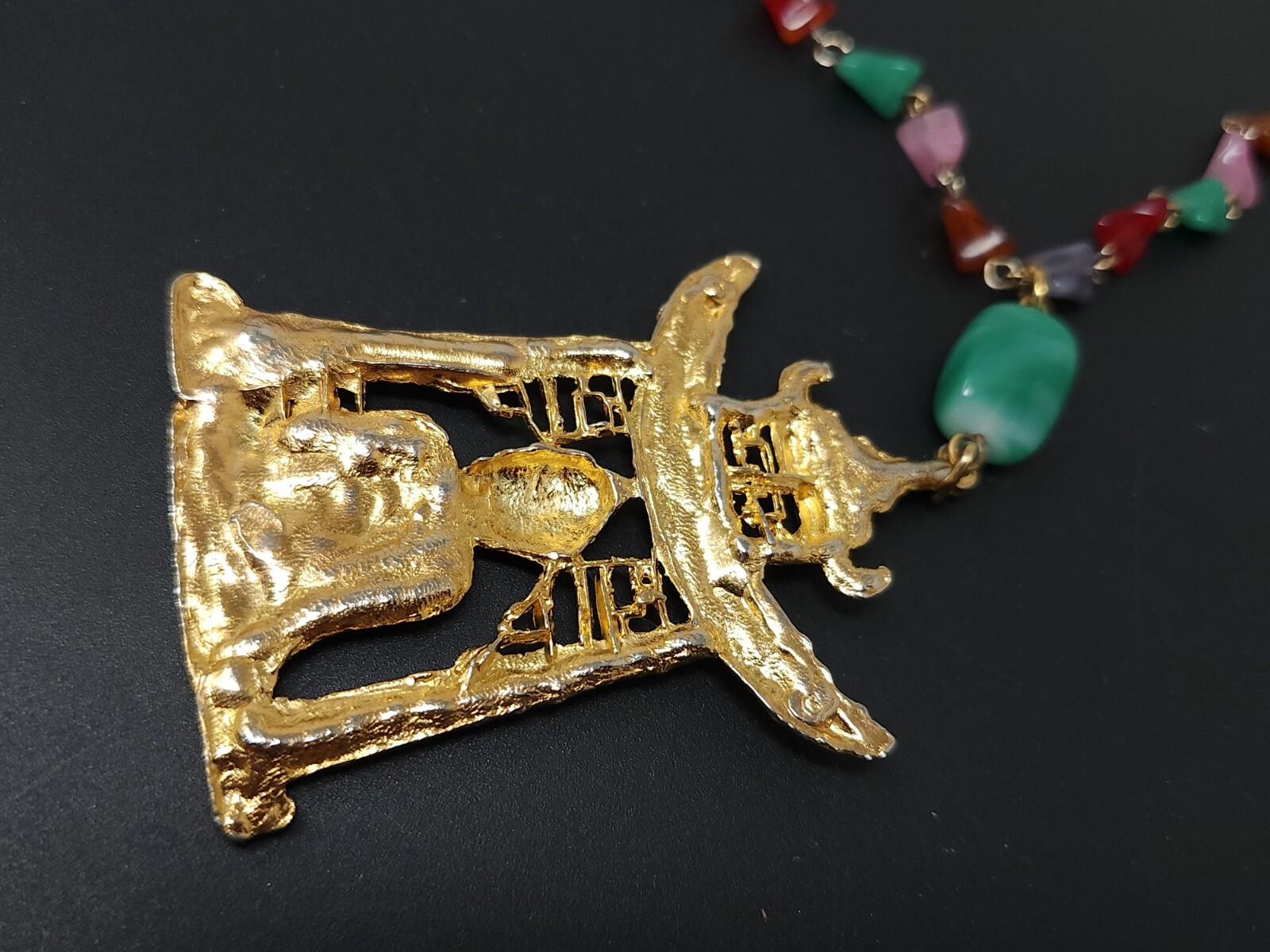 Vtg CZECH Bohemian Asian Buddha Pendant Multicolor Glass Goldtone Necklace 19″
