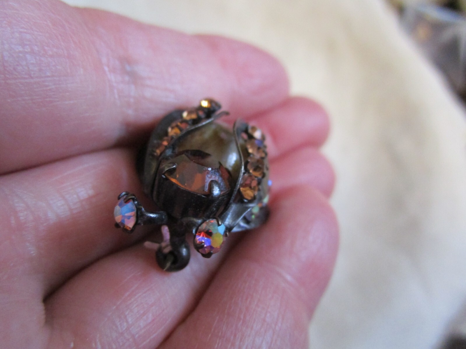 Unsigned Warner Vintage Bug Brooch, Brown/white rhinestone dark metal FE24-19