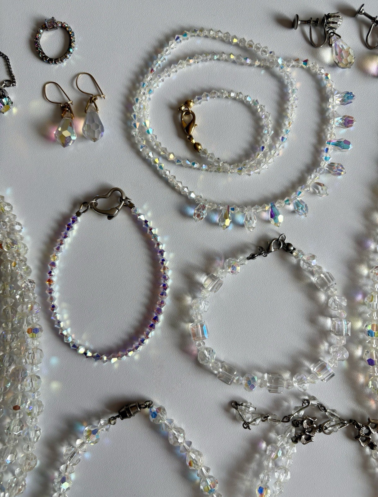 Vintage Crystal Aurora Borealis Necklace Bracelet Earrings Brooch Pin Ring Lot