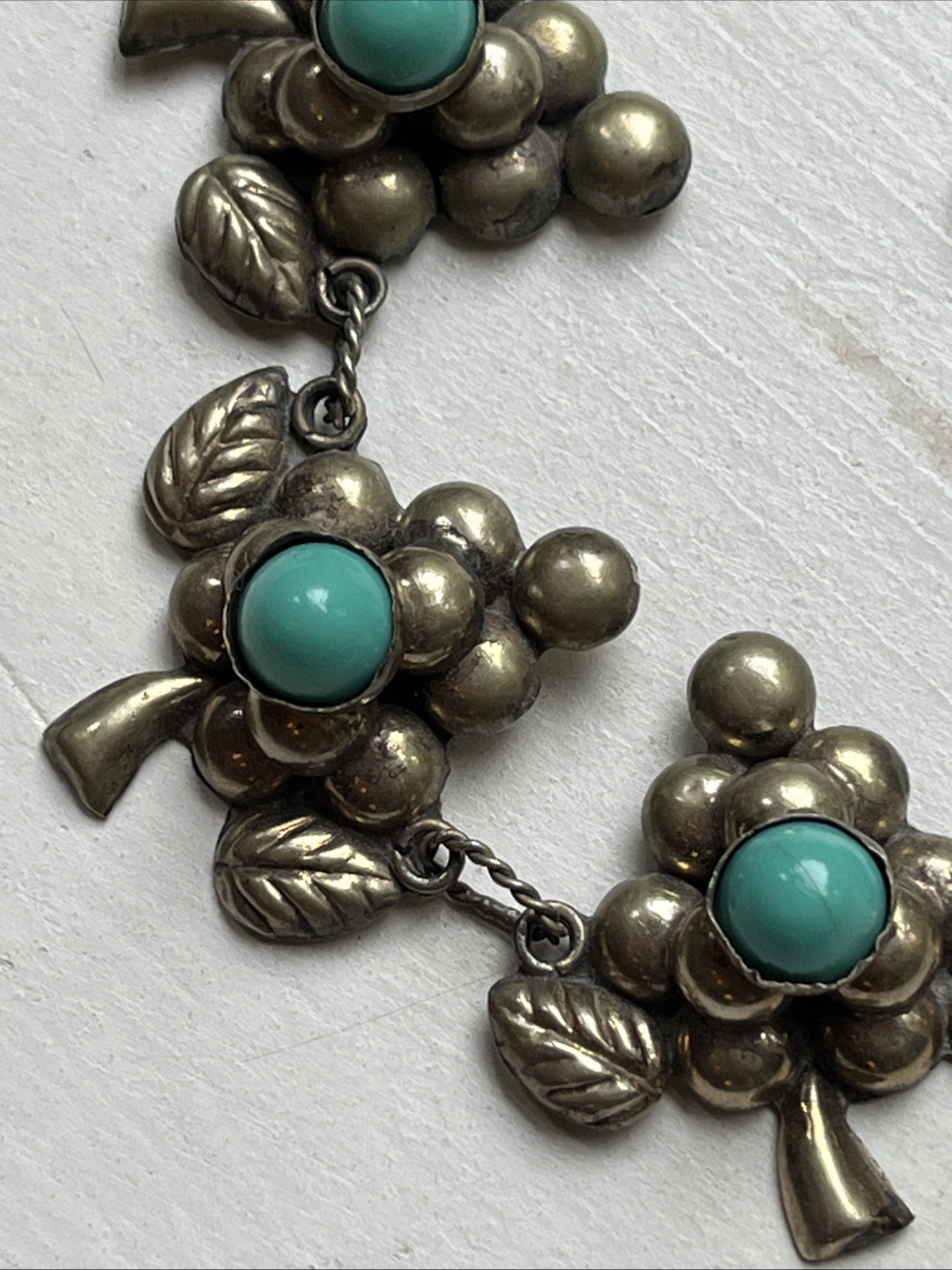 Vintage Mexico Sterling? Turquoise Blue Cabochon 5 Grape Clusters Bracelet 7 “