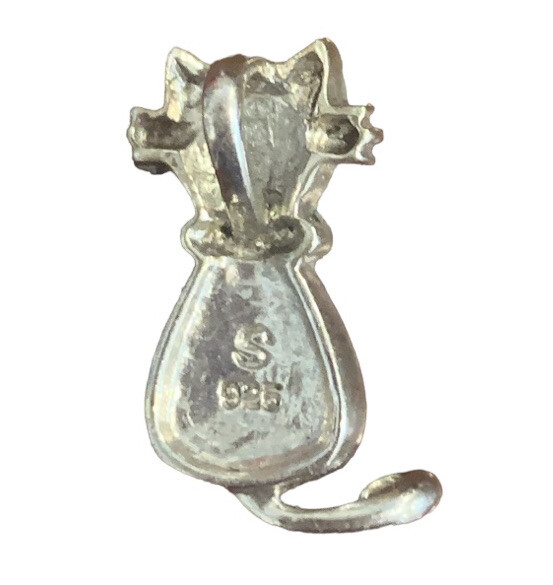BLACK MARCASITE DIAMONED JEWELED STERLING SILVER KITTY CAT CHARM PENDANT 925