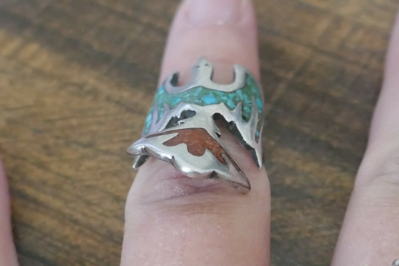 Vintage Southwest Sterling Turquoise & Coral Ring – Size 4.25 / 6.8 Grams
