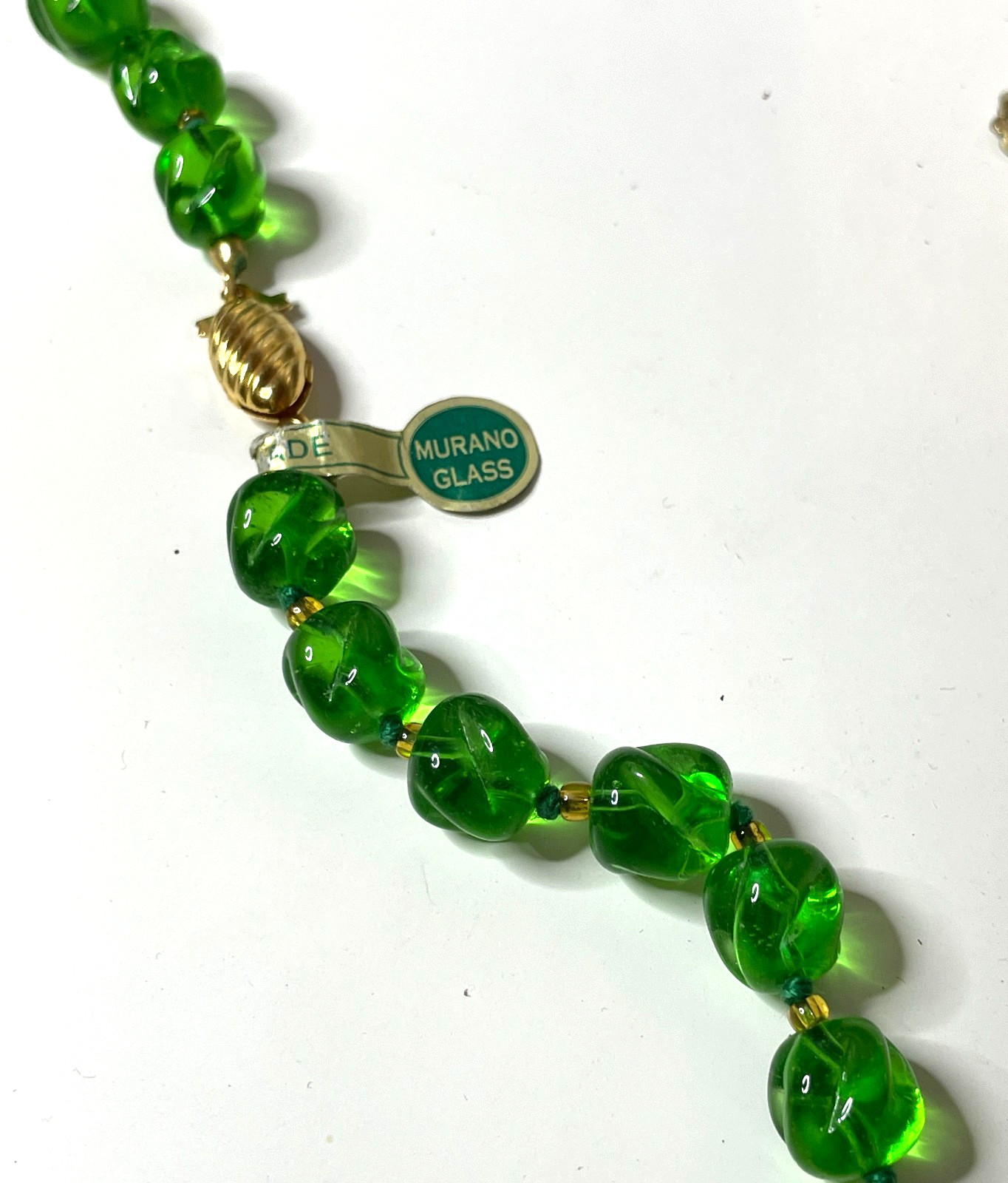 Vtg MURANO Chunky Glass Bead Necklace w Tag Handmade Italy Green Gold Foil NWT