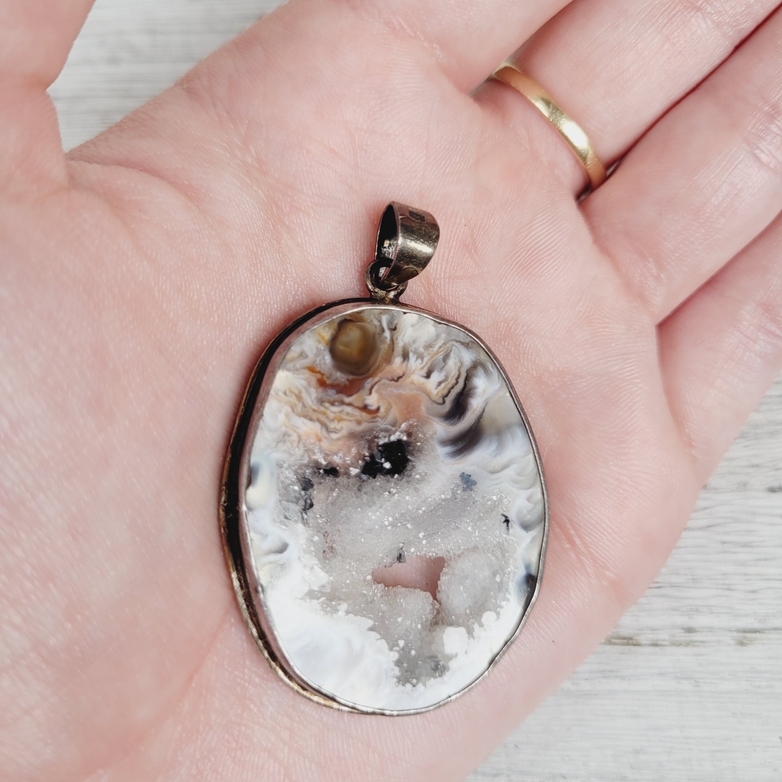 VINTAGE GEODE SLAB DRUZY STERLING SILVER 925 PENDANT RETRO SOUTHWEST PRETTY