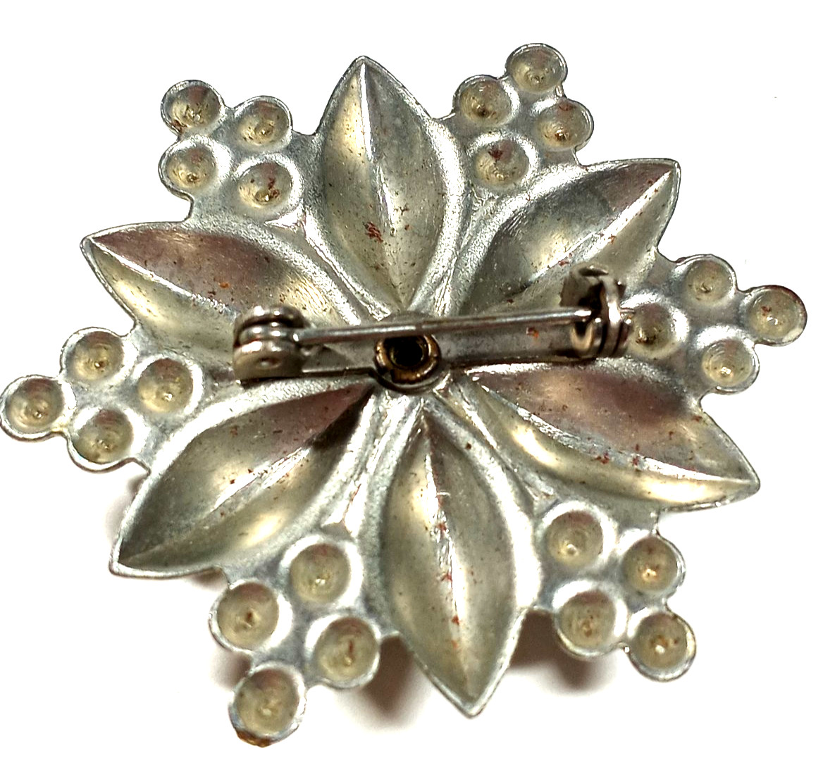 Vintage Pewter Color & Rhinestone 1 & 1/2″ Flower Brooch