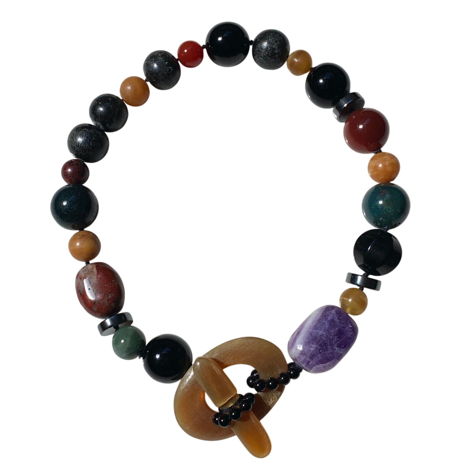 LARGE VINTAGE MIXED GEMSTONE MULTICOLOR BEAD ARTIST MADE NECKLACE HORN CLASP 19″
